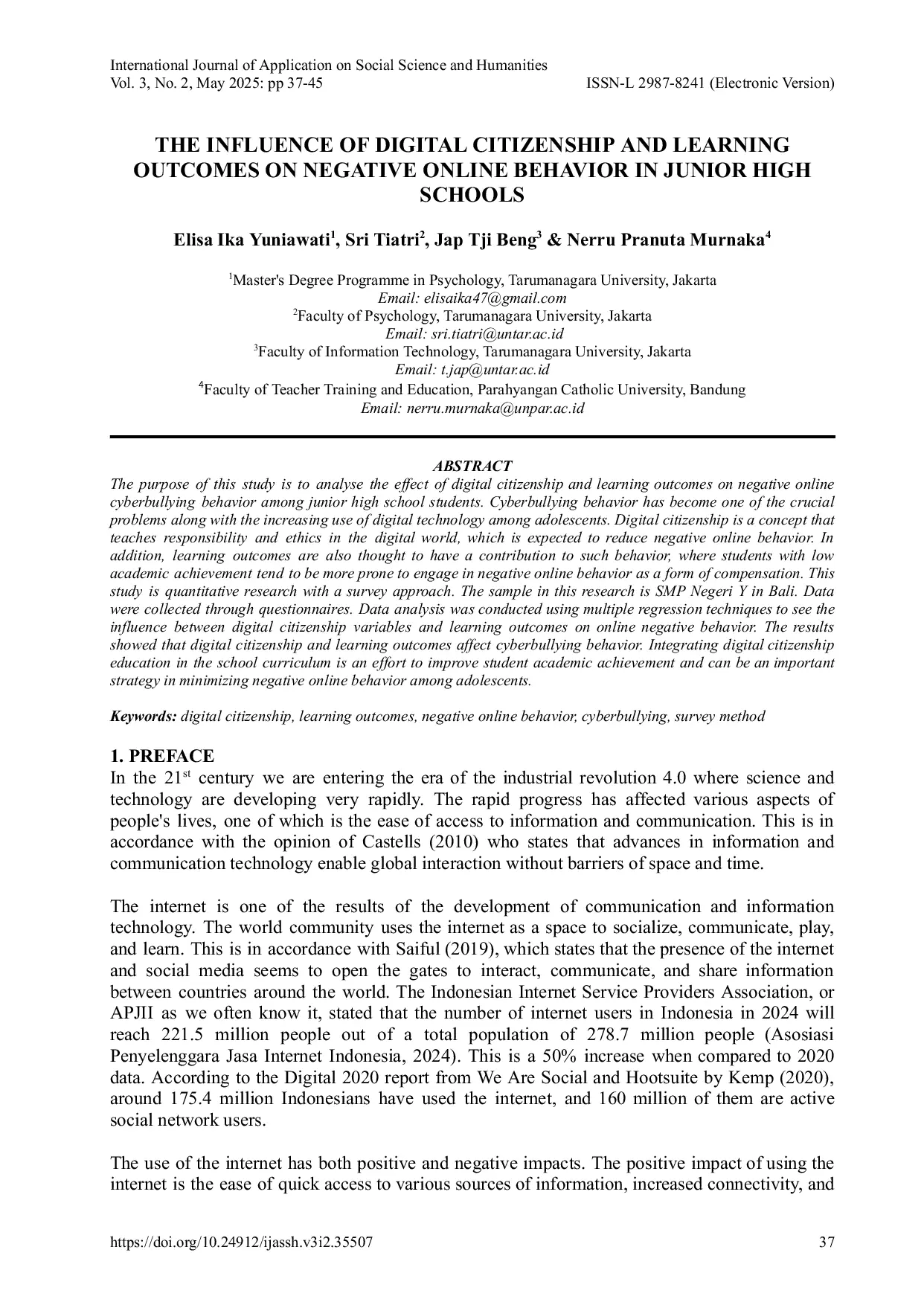 JURIS The Influence of Digital Citizenship and Learning Outcomes on Negative Online Behavior in Junior High Schools