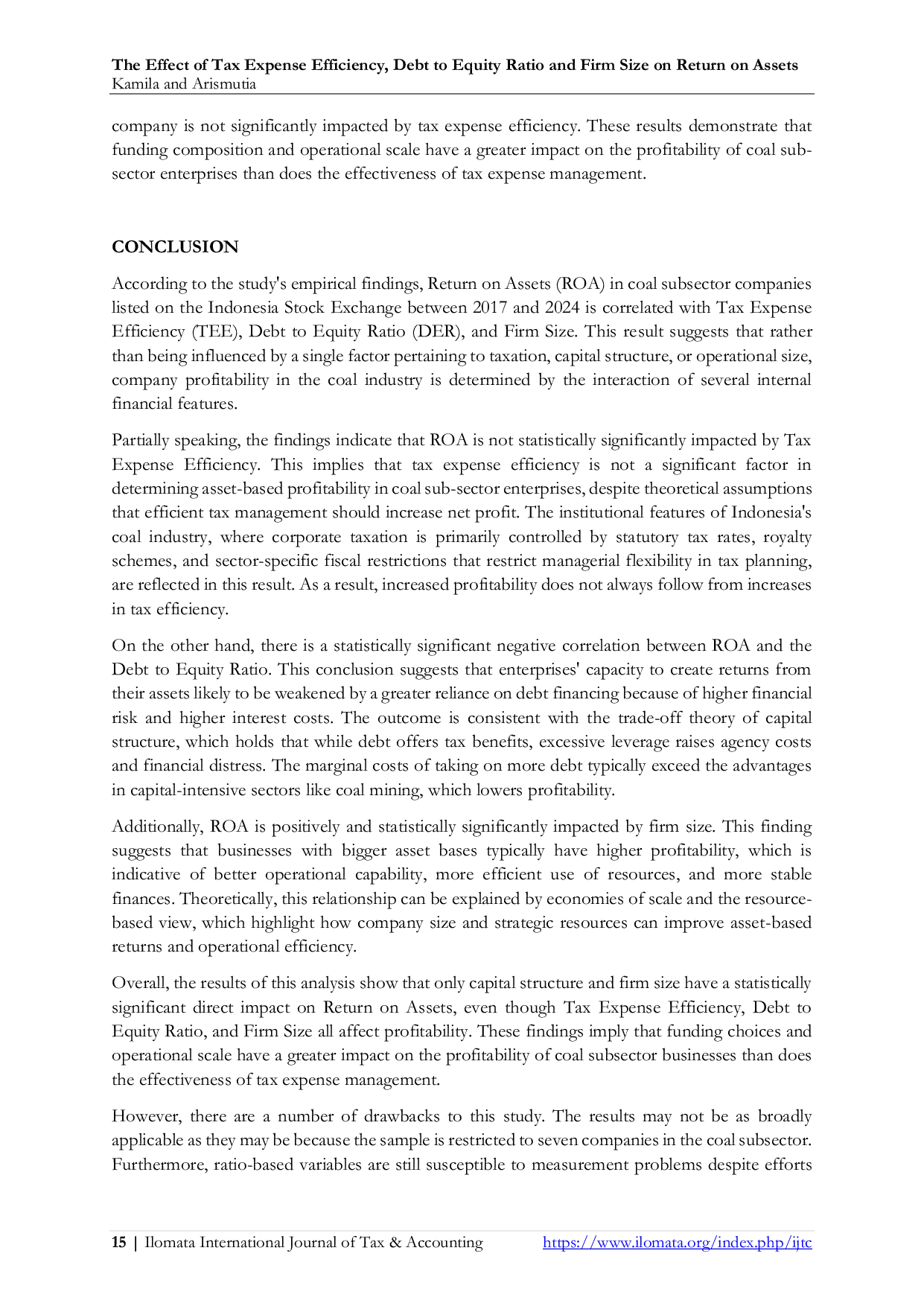 JURIS The Effect of Tax Expense Efficiency Debt to Equity Ratio and Firm Size on Return on Assets