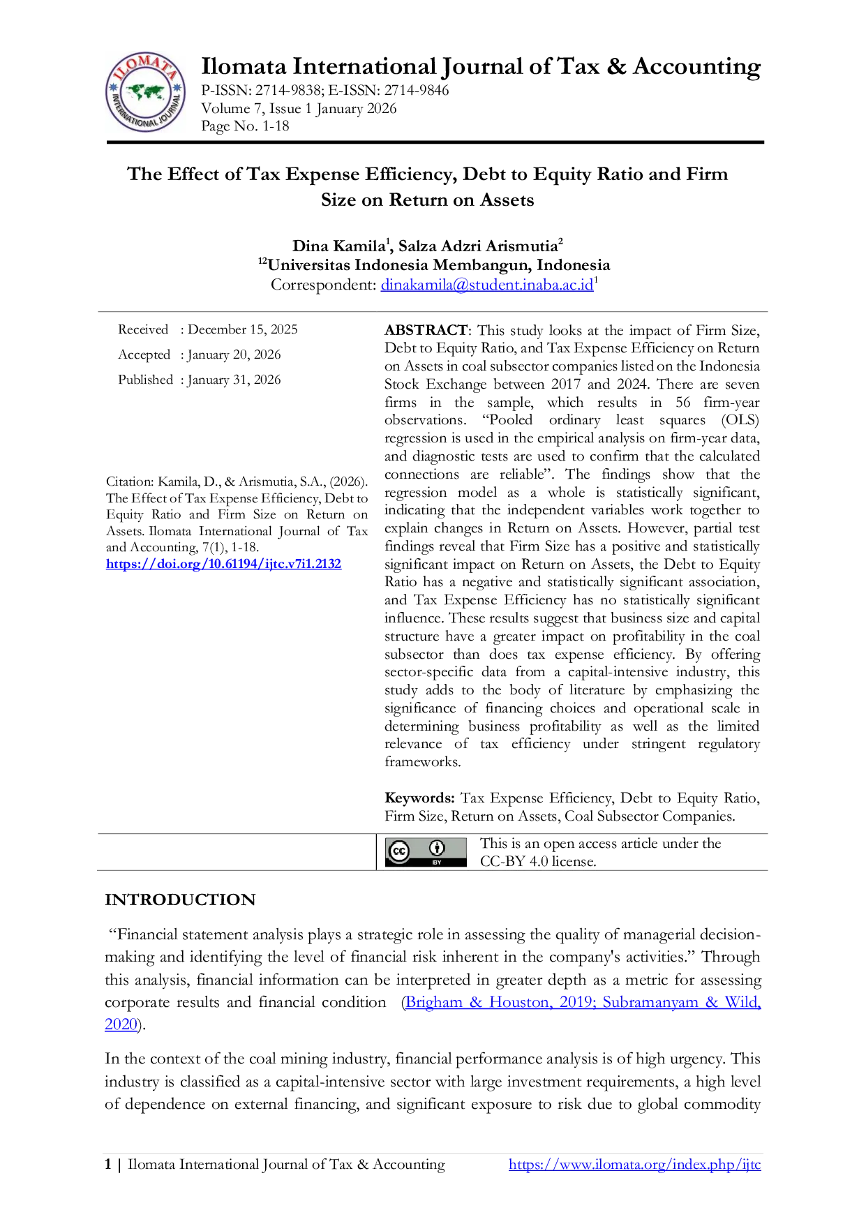 JURIS The Effect of Tax Expense Efficiency Debt to Equity Ratio and Firm Size on Return on Assets