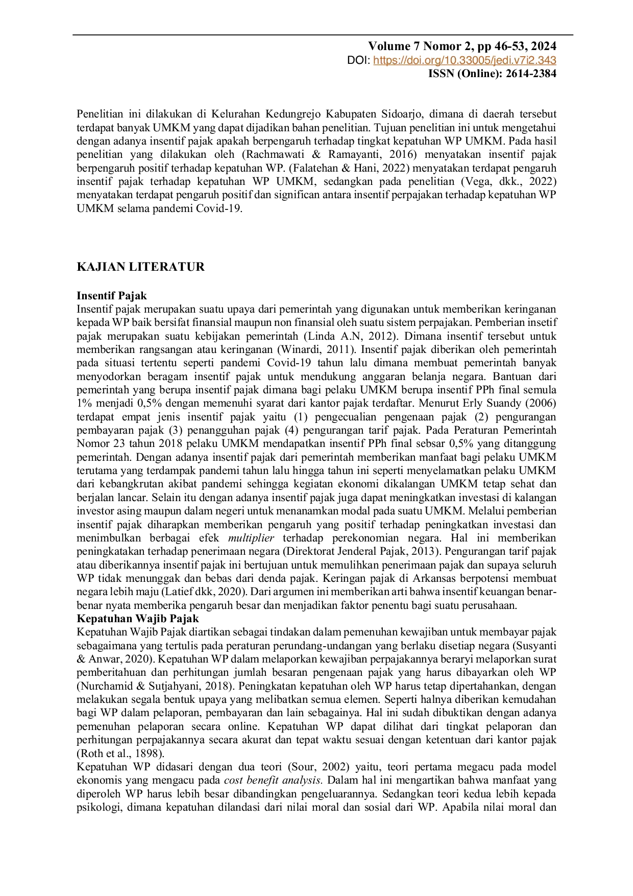 JURIS Pengaruh Insentif Pajak Terhadap Tingkat Kepatuhan Wajib Pajak Umkm Di Desa Kedungrejo