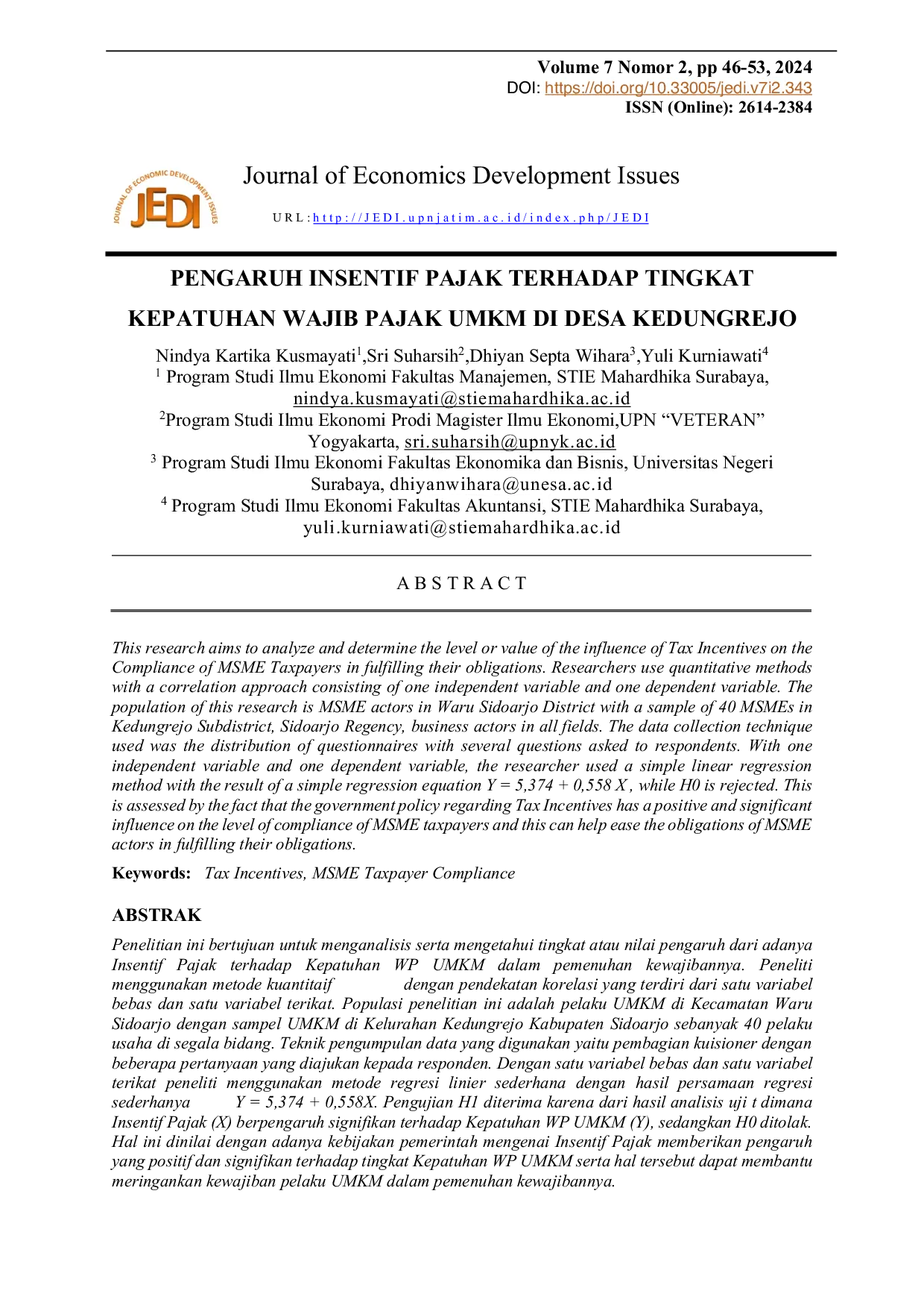 JURIS Pengaruh Insentif Pajak Terhadap Tingkat Kepatuhan Wajib Pajak Umkm Di Desa Kedungrejo
