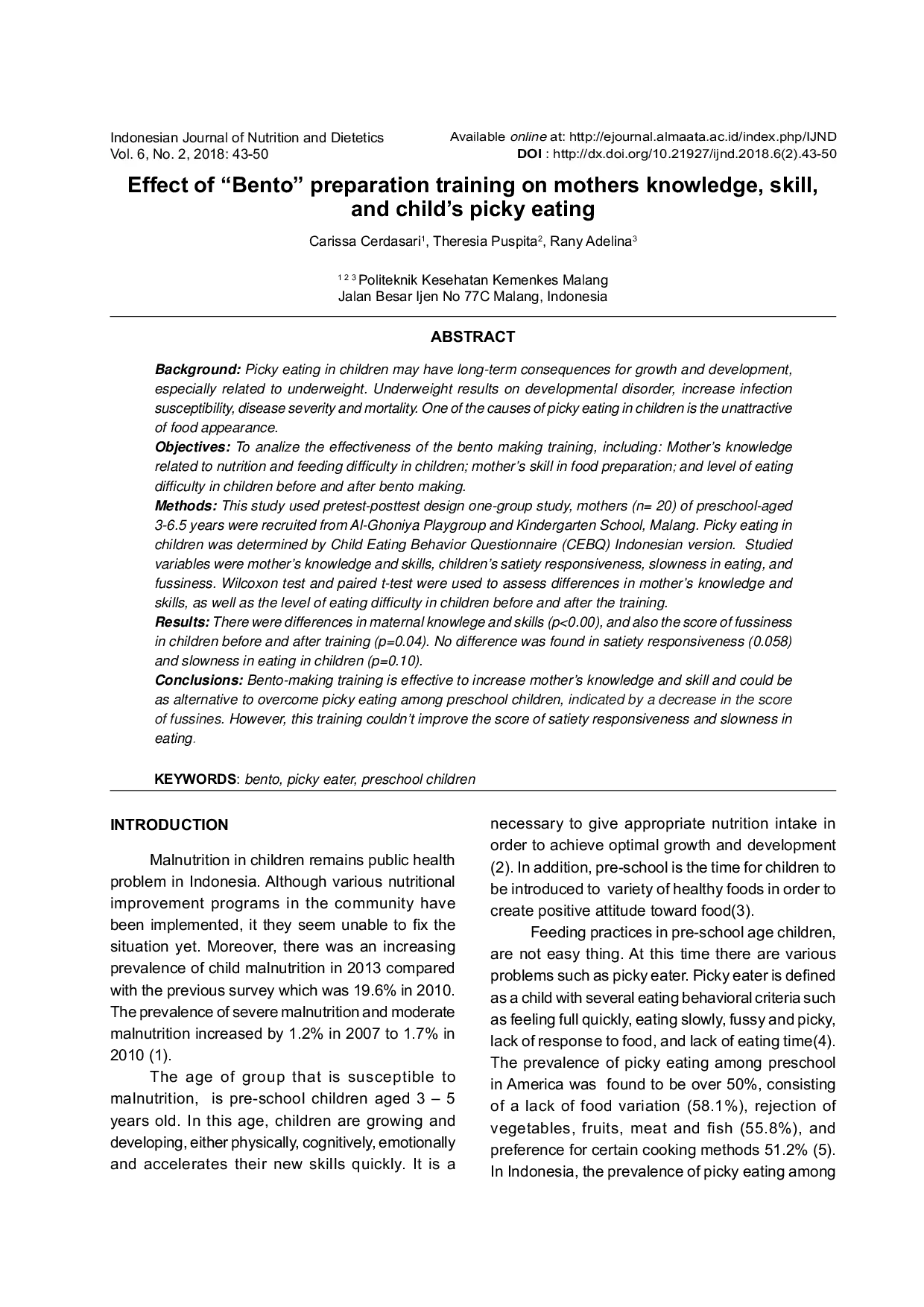 JURIS Effect of Bento preparation training on mothers knowledge skill and child s picky eating