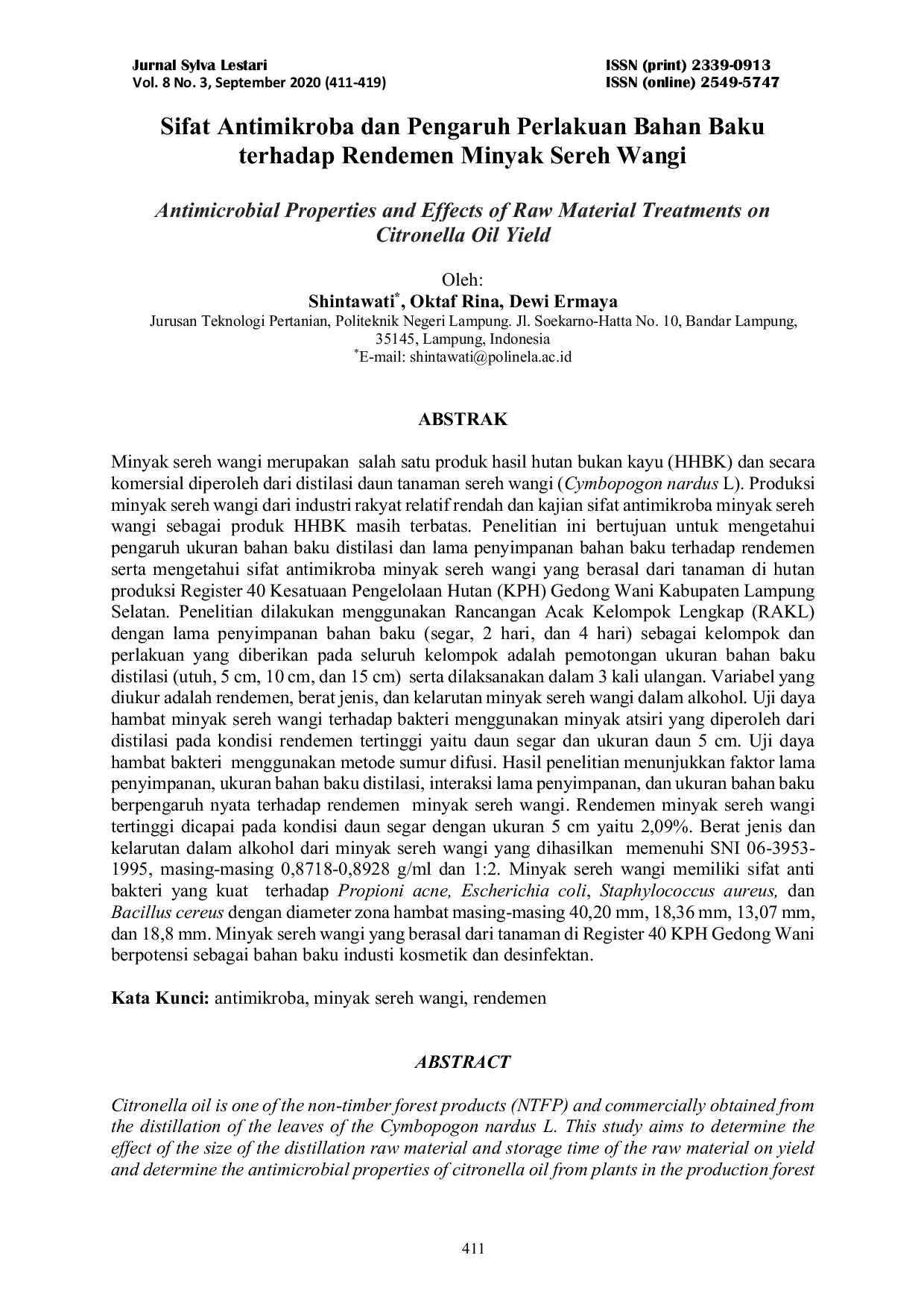 JURIS Sifat Antimikroba dan Pengaruh Perlakuan Bahan Baku terhadap Rendemen Minyak Sereh Wangi Antimicrobial Properties and Effects of Raw Material Treatments on Citronella Oil Yield