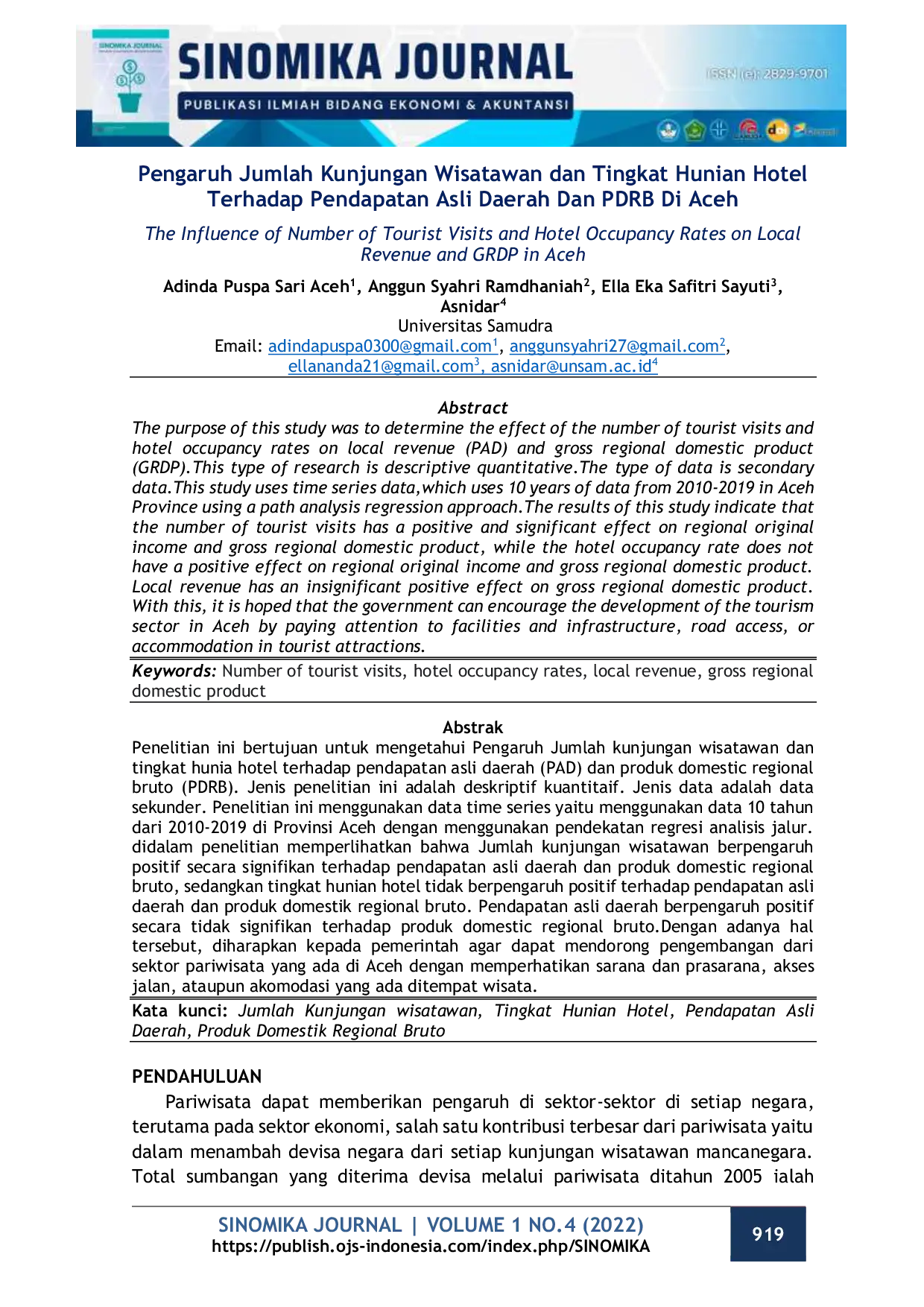 JURIS Pengaruh Jumlah Kunjungan Wisatawan dan Tingkat Hunian Hotel Terhadap Pendapatan Asli Daerah Dan PDRB Di Aceh