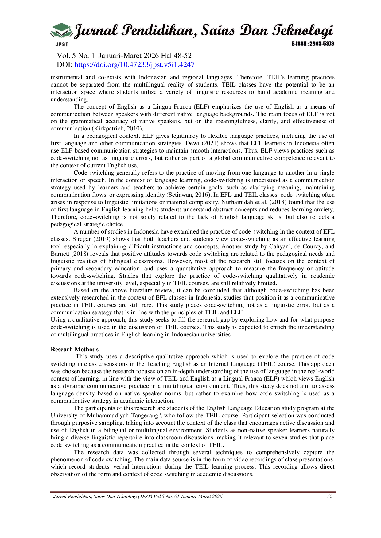 JURIS Exploration Of English Switching Codes In Teil Course Discussions