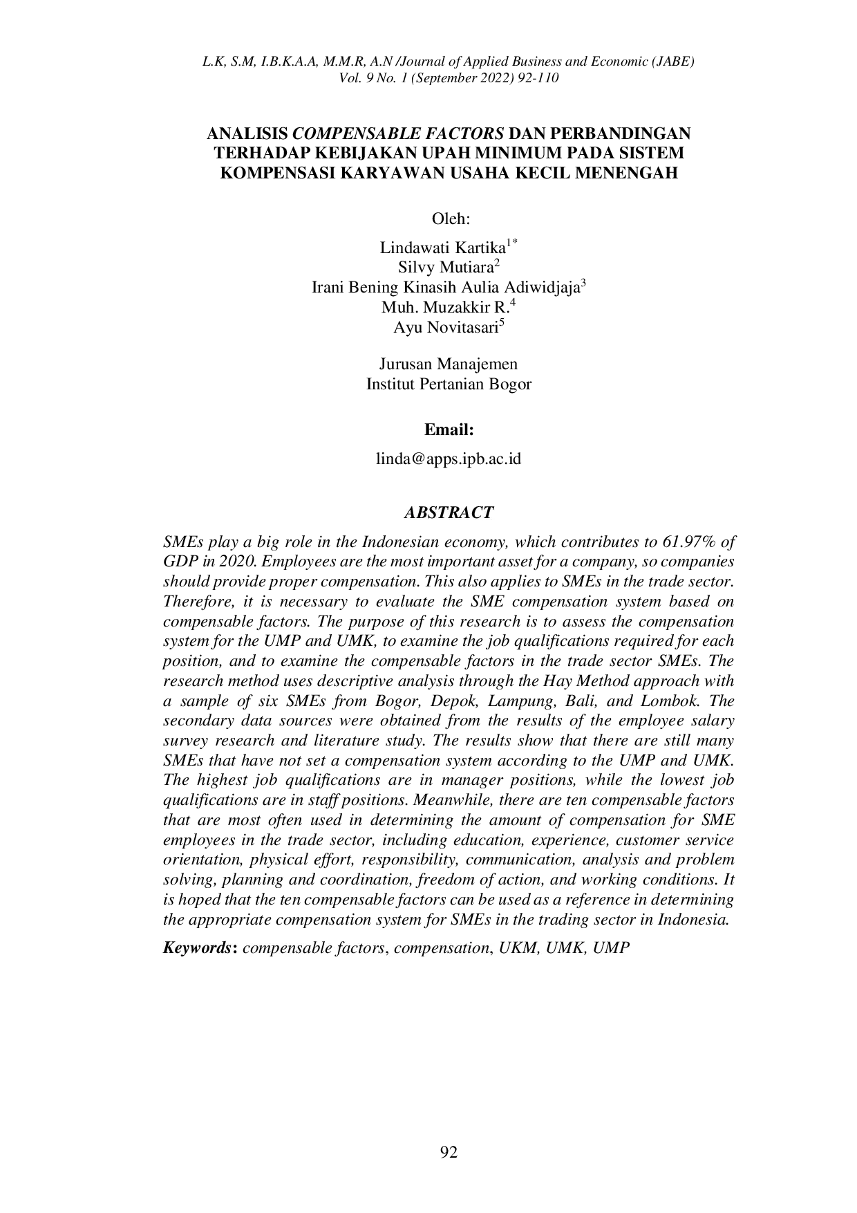 JURIS Analisis Compensable Factors dan Perbandingan Terhadap Kebijakan Upah Minimum Pada Sistem Kompensasi Karyawan Usaha Kecil Menengah