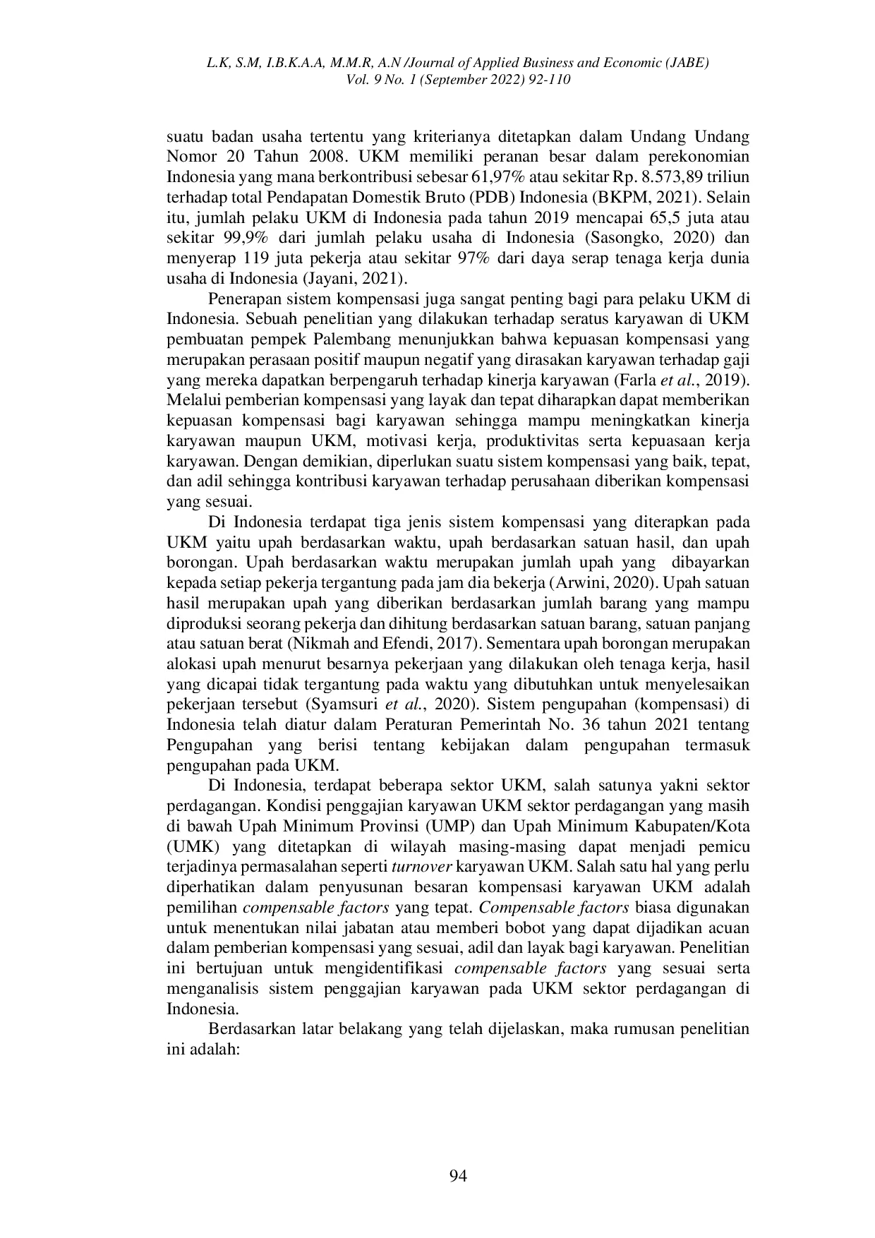 JURIS Analisis Compensable Factors dan Perbandingan Terhadap Kebijakan Upah Minimum Pada Sistem Kompensasi Karyawan Usaha Kecil Menengah