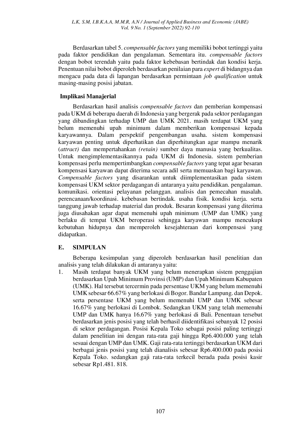 JURIS Analisis Compensable Factors dan Perbandingan Terhadap Kebijakan Upah Minimum Pada Sistem Kompensasi Karyawan Usaha Kecil Menengah