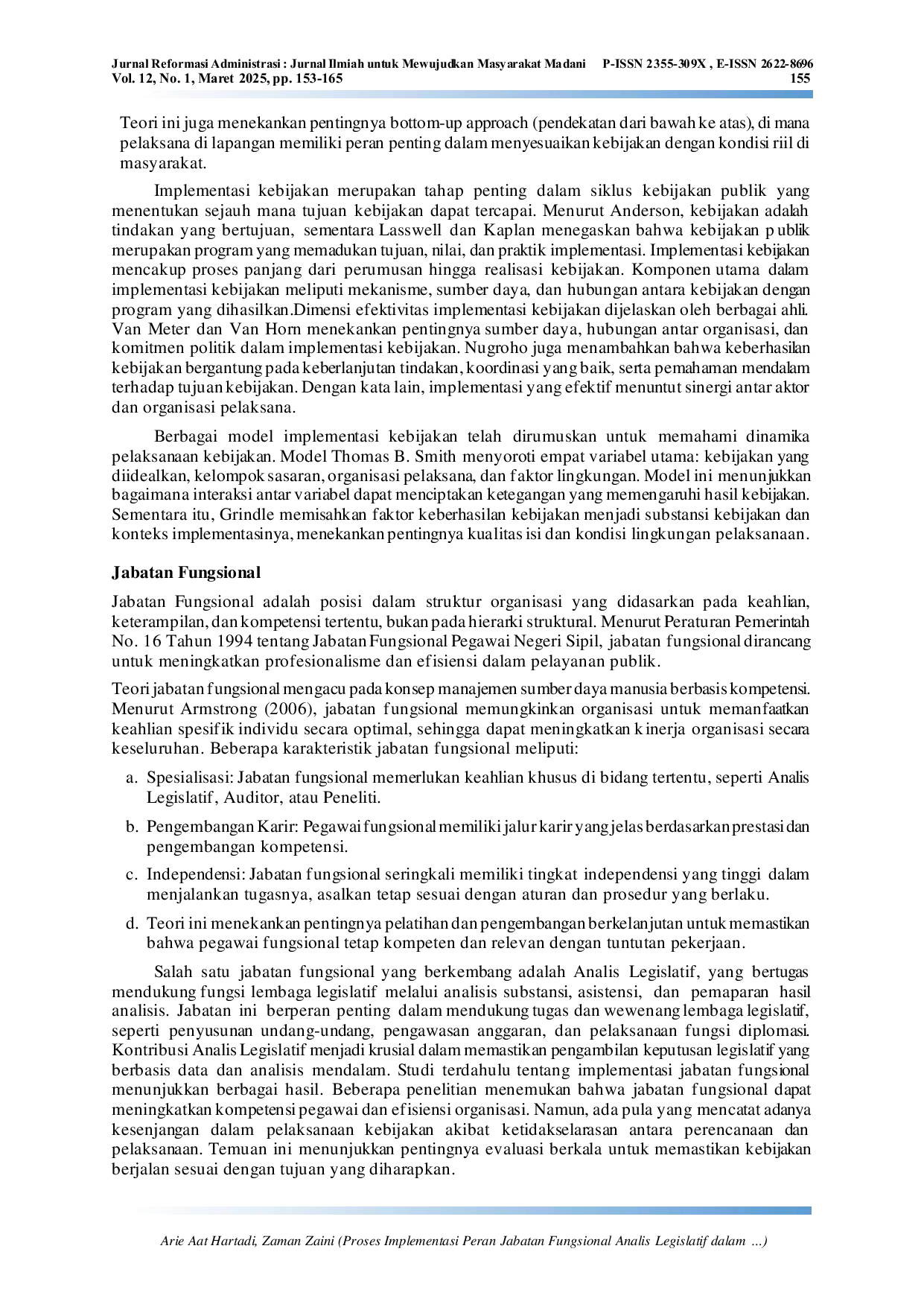 JURIS Proses Implementasi Peran Jabatan Fungsional Analis Legislatif dalam Mendukung Tugas dan Wewenang Dewan Perwakilan Daerah Republik Indonesia