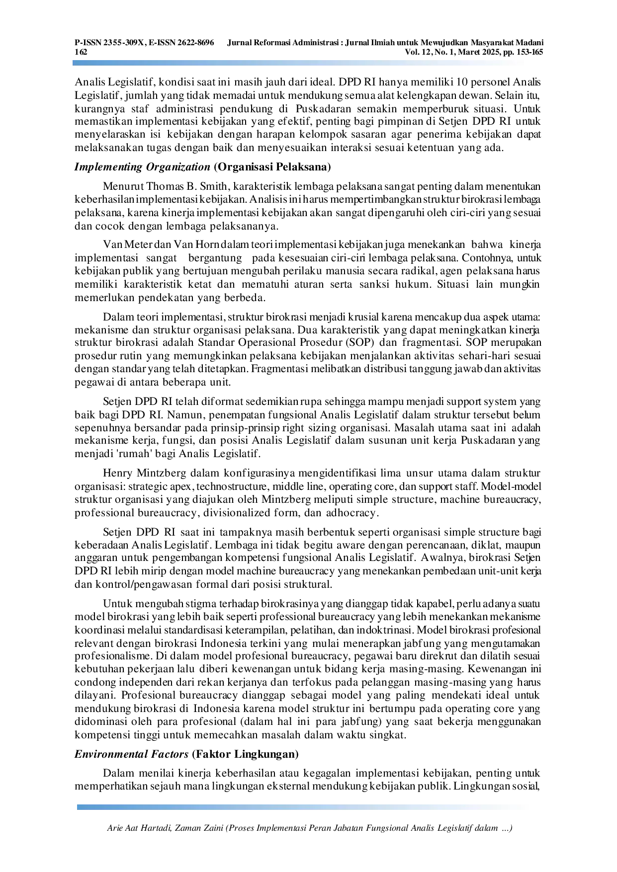 JURIS Proses Implementasi Peran Jabatan Fungsional Analis Legislatif dalam Mendukung Tugas dan Wewenang Dewan Perwakilan Daerah Republik Indonesia