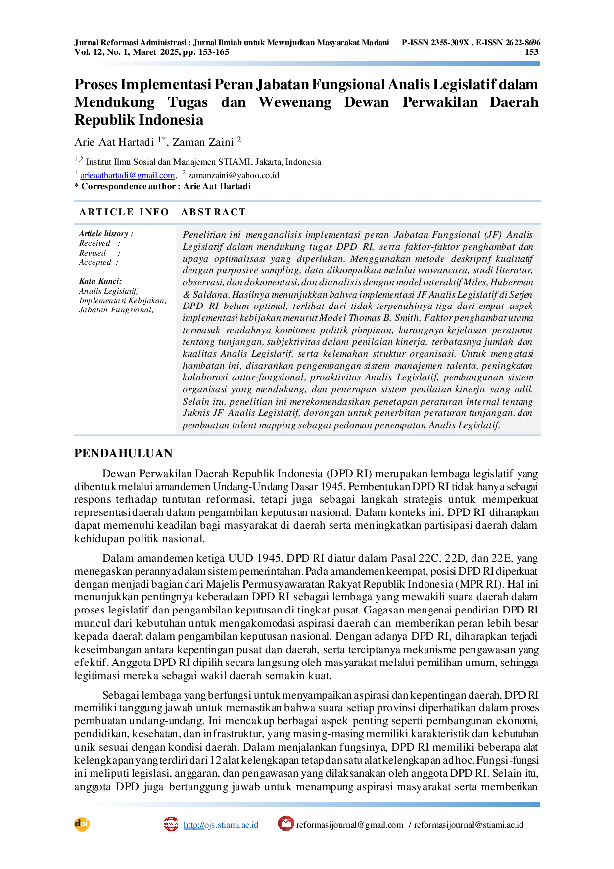 JURIS Proses Implementasi Peran Jabatan Fungsional Analis Legislatif dalam Mendukung Tugas dan Wewenang Dewan Perwakilan Daerah Republik Indonesia