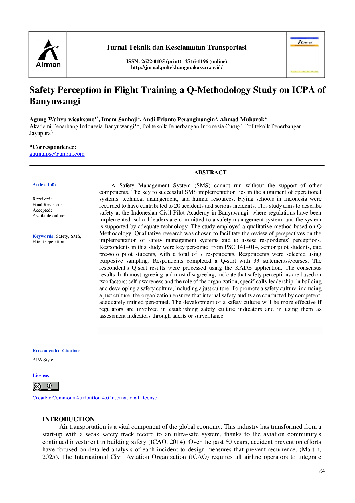 JURIS Safety Perception in Flight Training a Q Methodology Study on ICPA of Banyuwangi