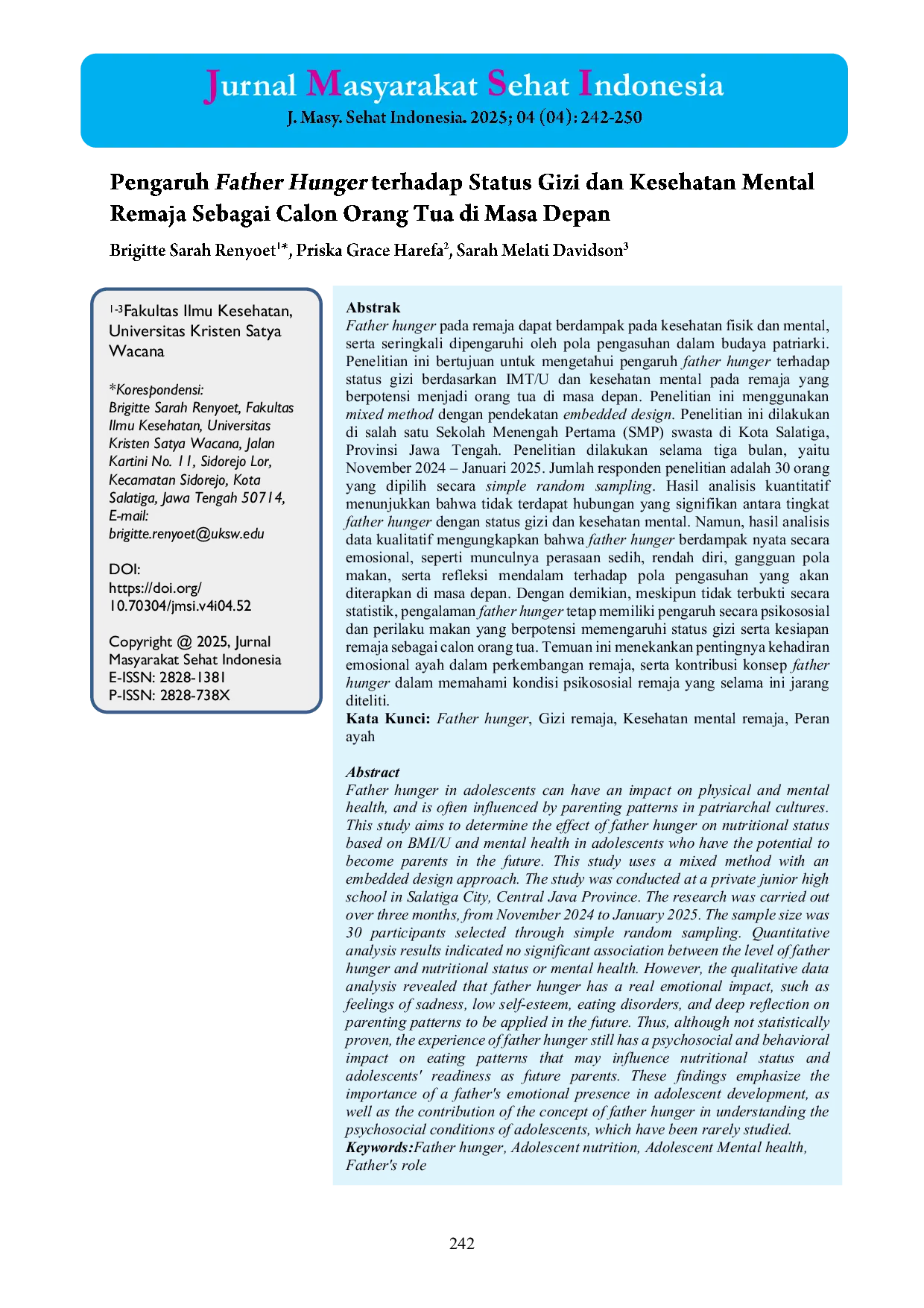 JURIS Pengaruh Father Hunger Terhadap Status Gizi dan Kesehatan Mental Remaja Sebagai Calon Orang Tua di Masa Depan