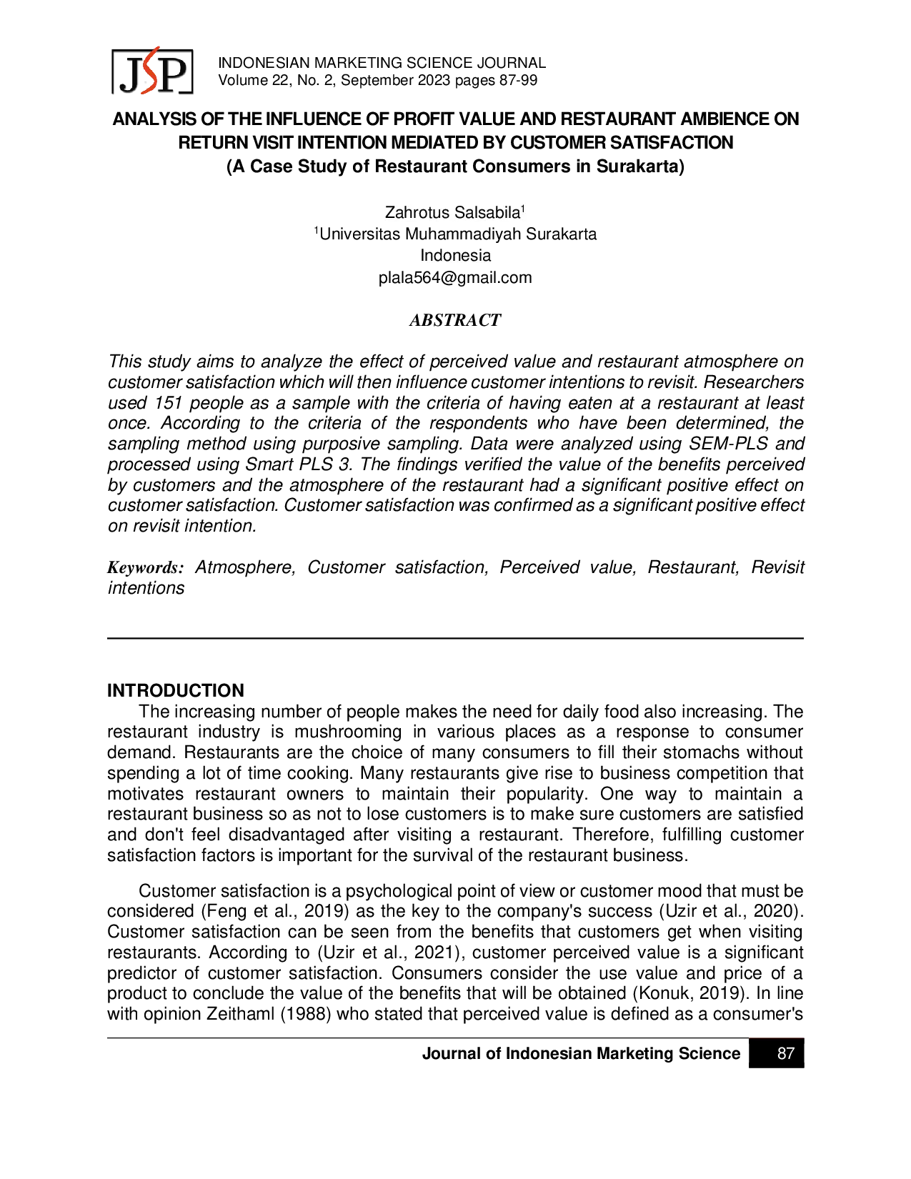 JURIS Analisis Pengaruh Nilai Profit Dan Suasana Restoran Terhadap Niat Kunjungan Ulang Yang Dimediasi Oleh Kepuasan Pelanggan