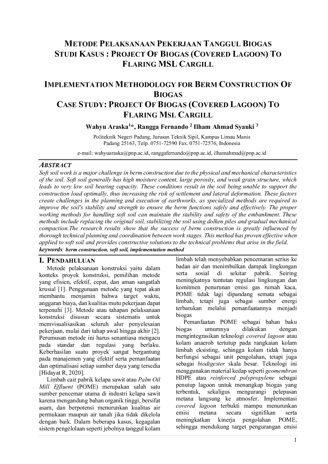 JURIS Metode Pelaksanaan Pekerjaan Tanggul Biogas Studi Kasus Project of Biogas Covered Lagoon to Flaring MSL Cargill