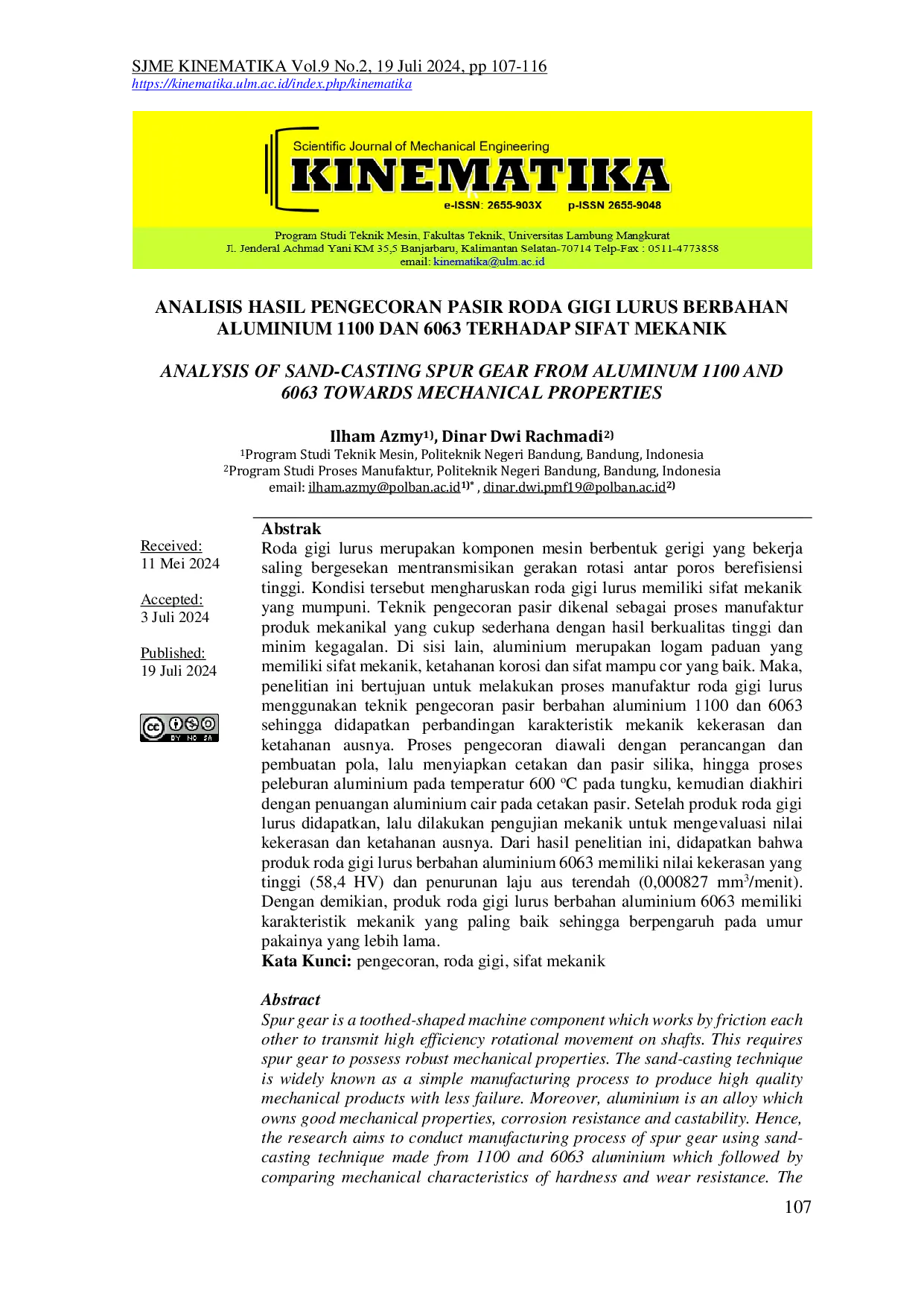 JURIS Analisis Hasil Pengecoran Pasir Roda Gigi Lurus Berbahan Aluminium 1100 Dan 6063 Terhadap Sifat Mekanik