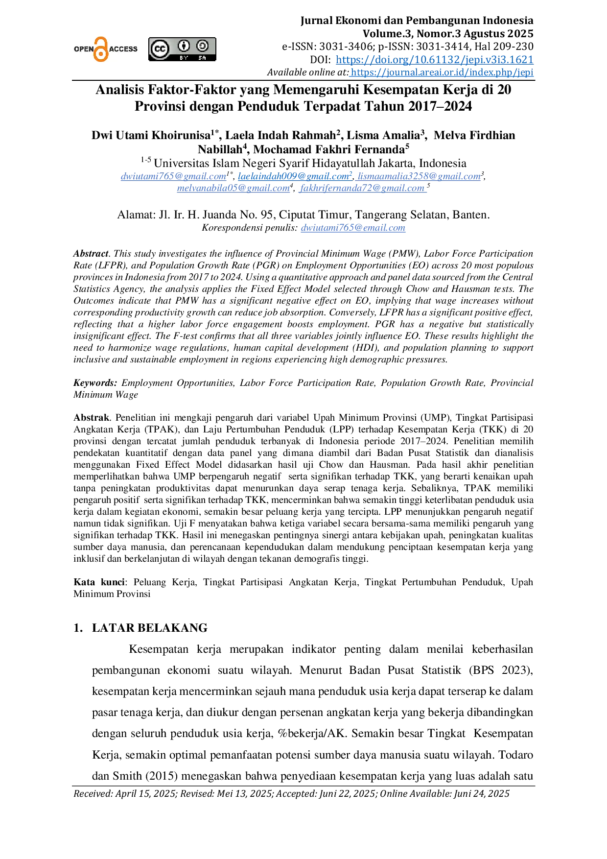 JURIS Analisis Faktor Faktor yang Memengaruhi Kesempatan Kerja di 20 Provinsi dengan Penduduk Terpadat Tahun 2017 2024