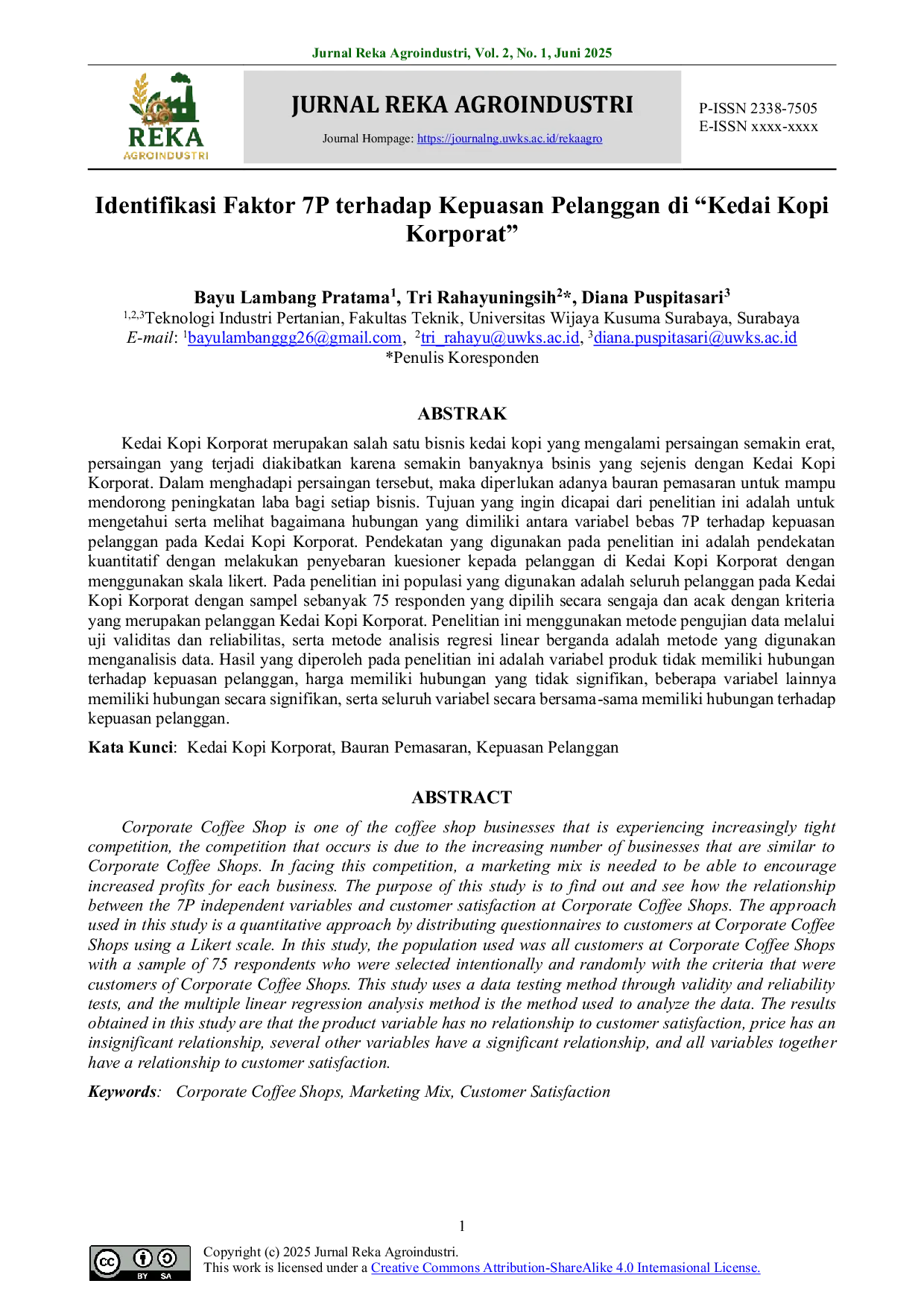 JURIS Identifikasi Faktor 7P terhadap Kepuasan Pelanggan di Kedai Kopi Korporat