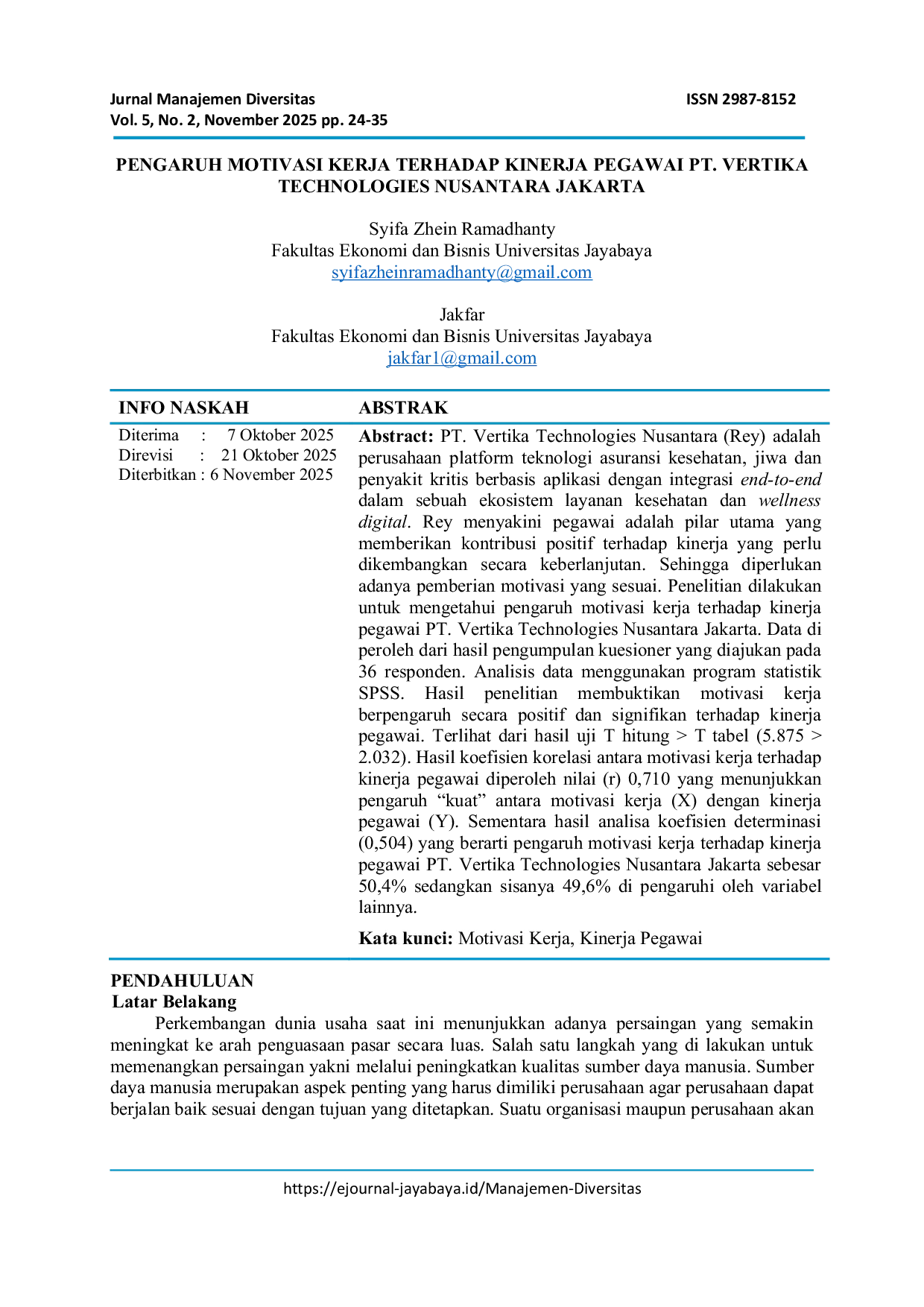 JURIS Pengaruh Motivasi Kerja Terhadap Kinerja Pegawai PT Vertika Technologies Nusantara Jakarta