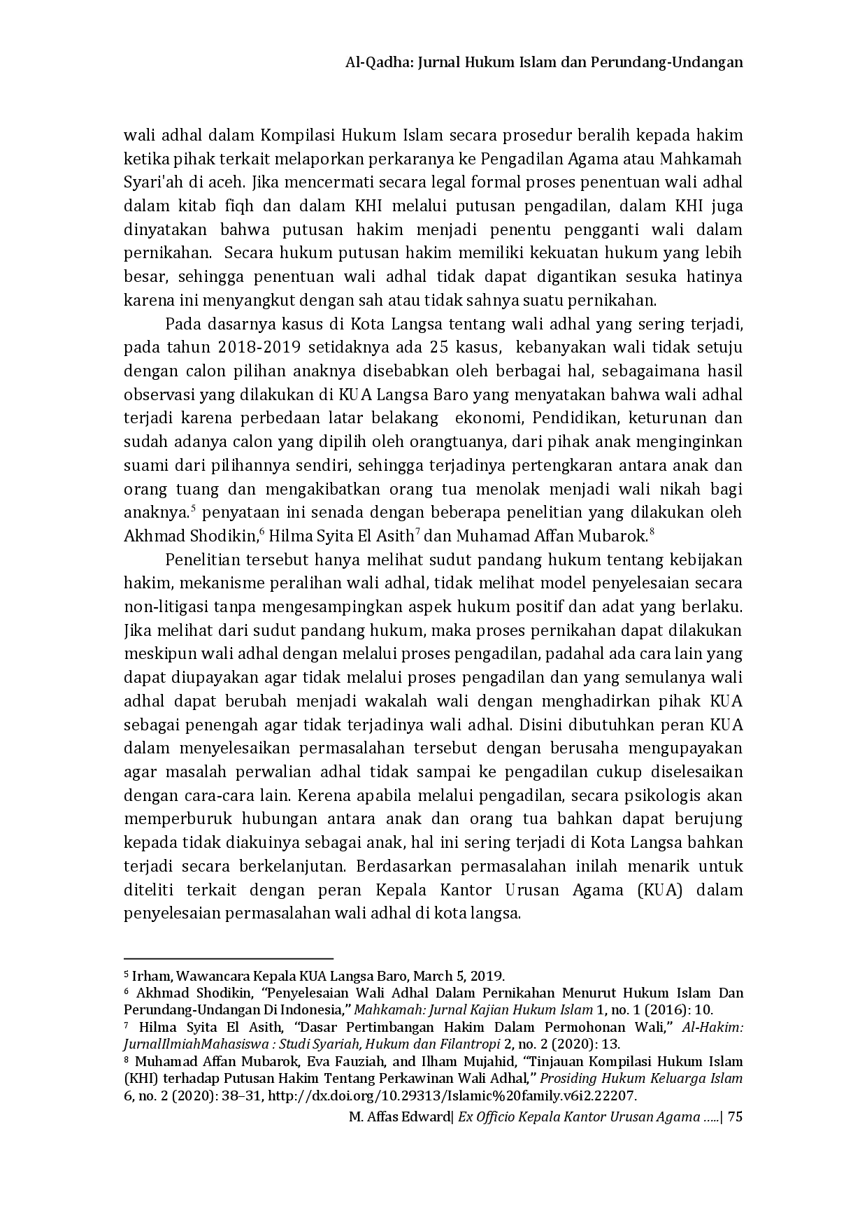 juris Ex Officio Kepala Kantor Urusan Agama Kota Langsa Dalam Penyelesaian Wali Adhal