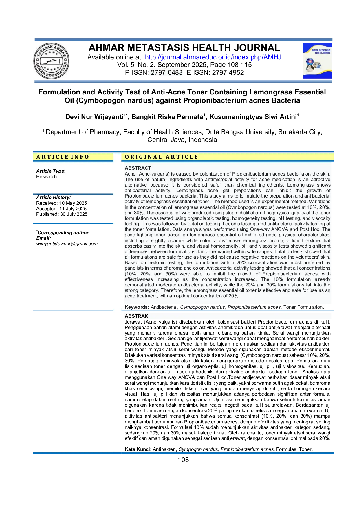 JURIS Formulation and Activity Test of Anti Acne Toner Containing Lemongrass Essential Oil Cymbopogon Nardus Against Propionibacterium Acnes Bacteria