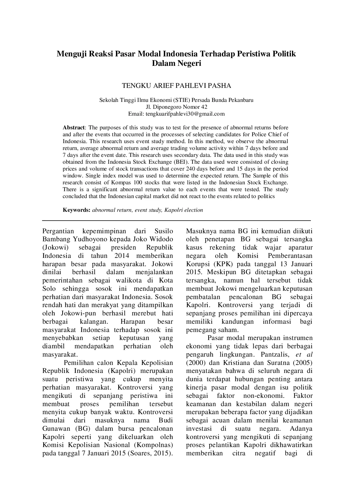juris Menguji Reaksi Pasar Modal Indonesia Terhadap Peristiwa Politik Dalam Negeri