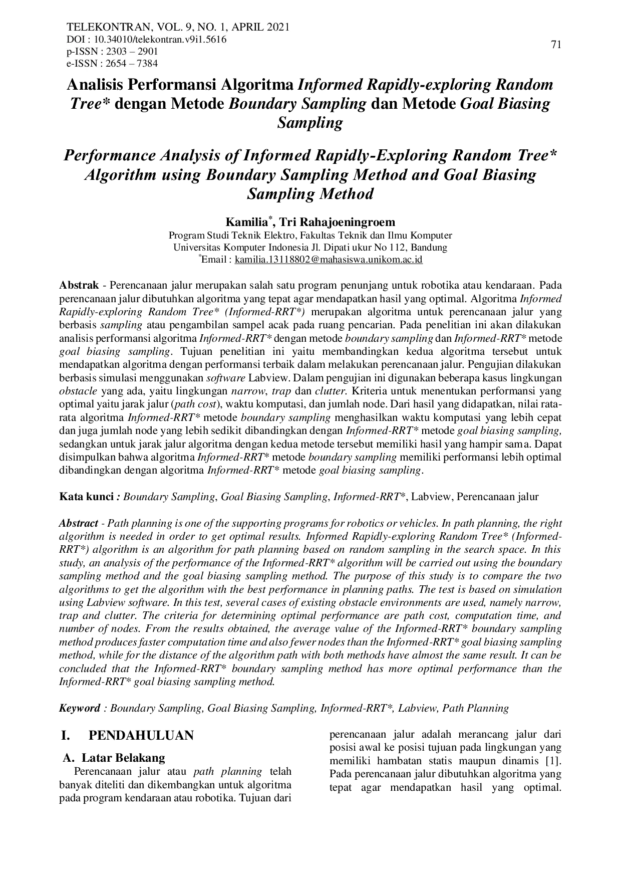 JURIS Analisis Performansi Algoritma Informed Rapidly exploring Random Tree Dengan Metode Boundary Sampling dan Metode Goal Biasing Sampling
