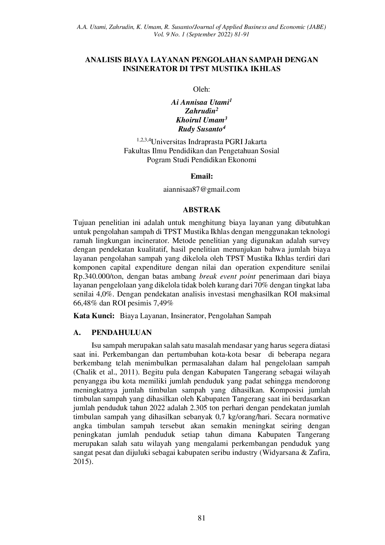 JURIS Analisis Biaya Layanan Pengolahan Sampah dengan Insinerator di TPST Mustika Ikhlas