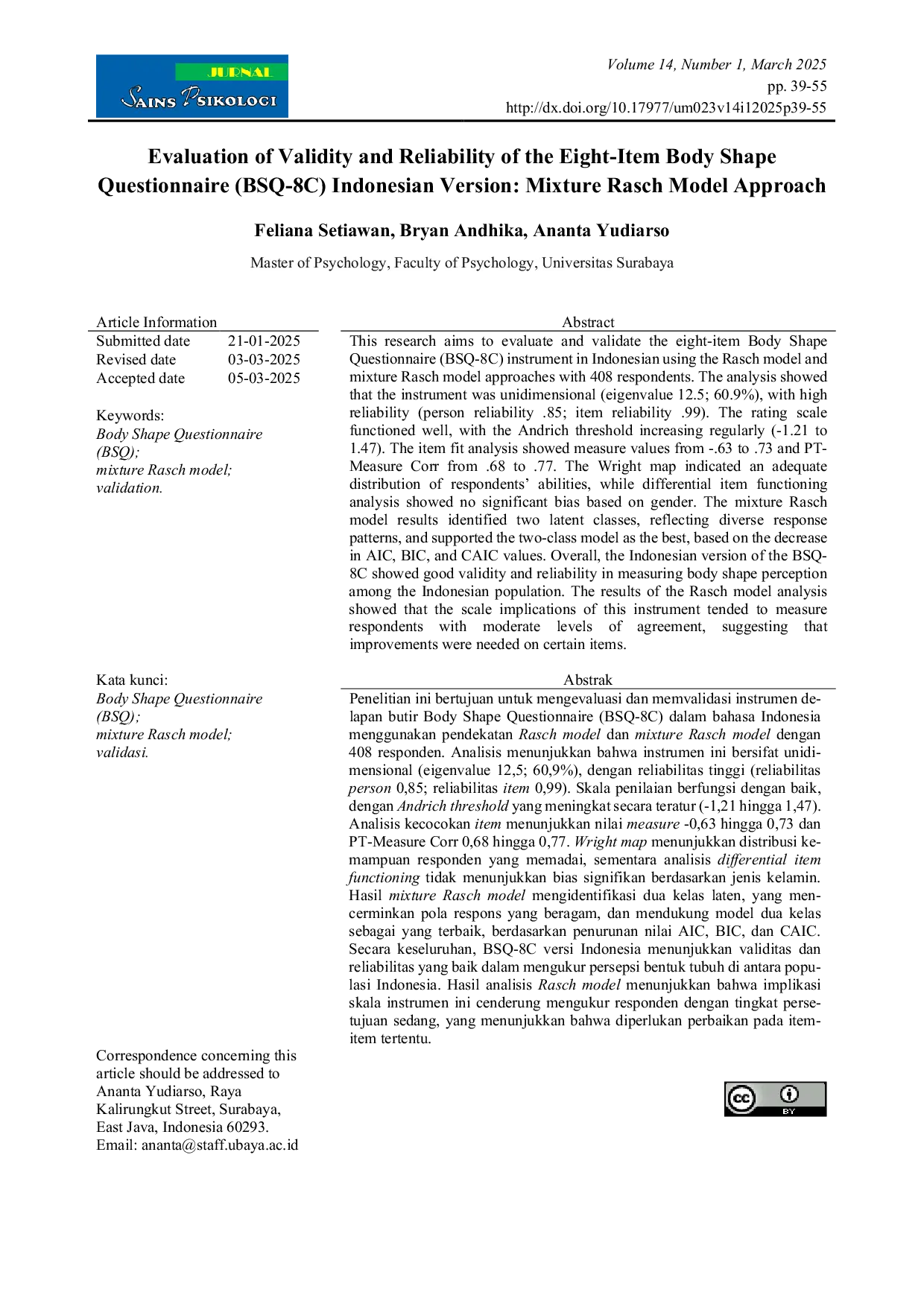 JURIS Evaluation of Validity and Reliability of the Eight Item Body Shape Questionnaire BSQ 8C Indonesian Version Mixture Rasch Model Approach