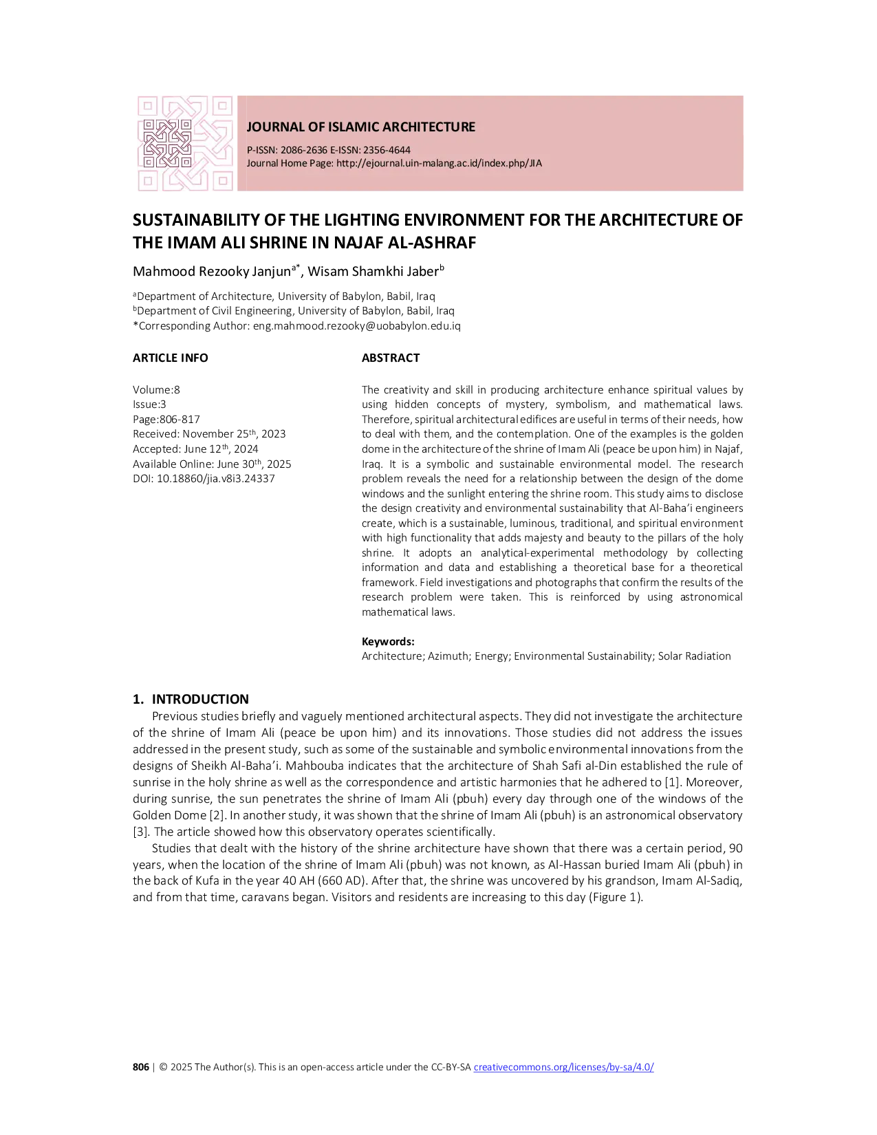 JURIS Sustainability of the Lighting Environment for the Architecture of the Imam Ali Shrine in Najaf Al Ashraf
