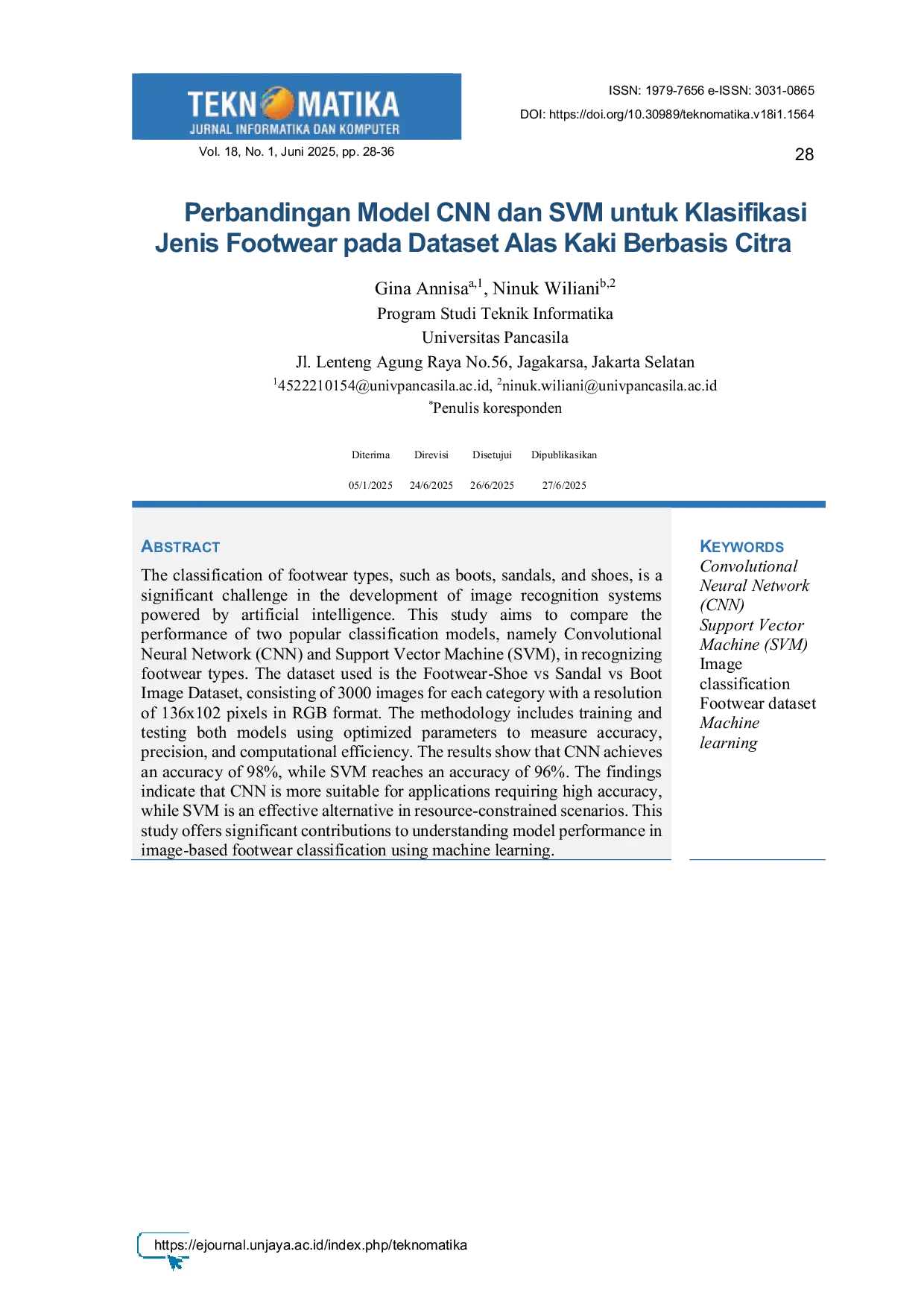 JURIS Perbandingan Model CNN dan SVM untuk Klasifikasi Jenis Footwear pada Dataset Alas Kaki Berbasis Citra