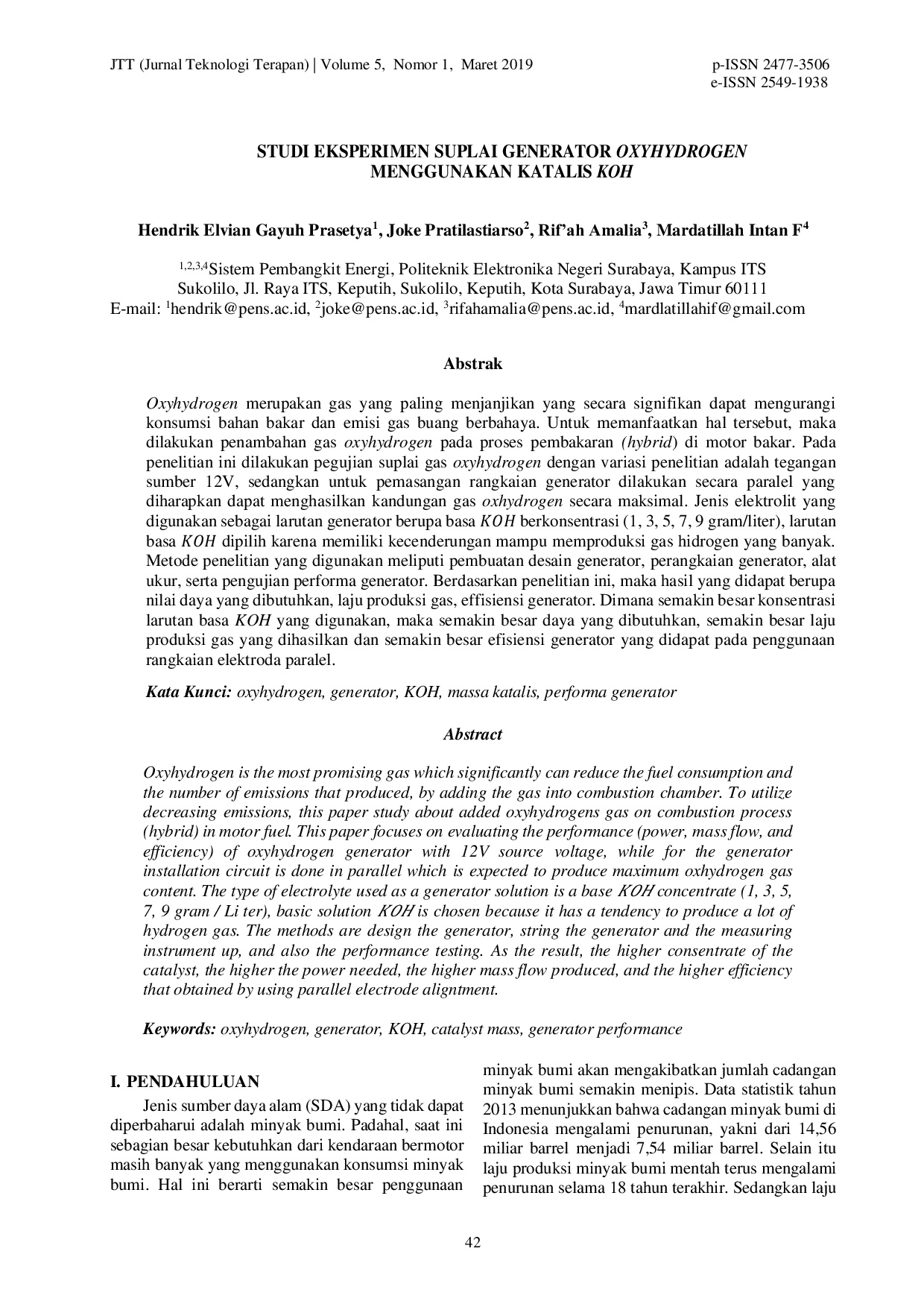 JURIS Studi Eksperimen SuplaI Generator Oxyhydrogen Menggunakan Katalis KOH