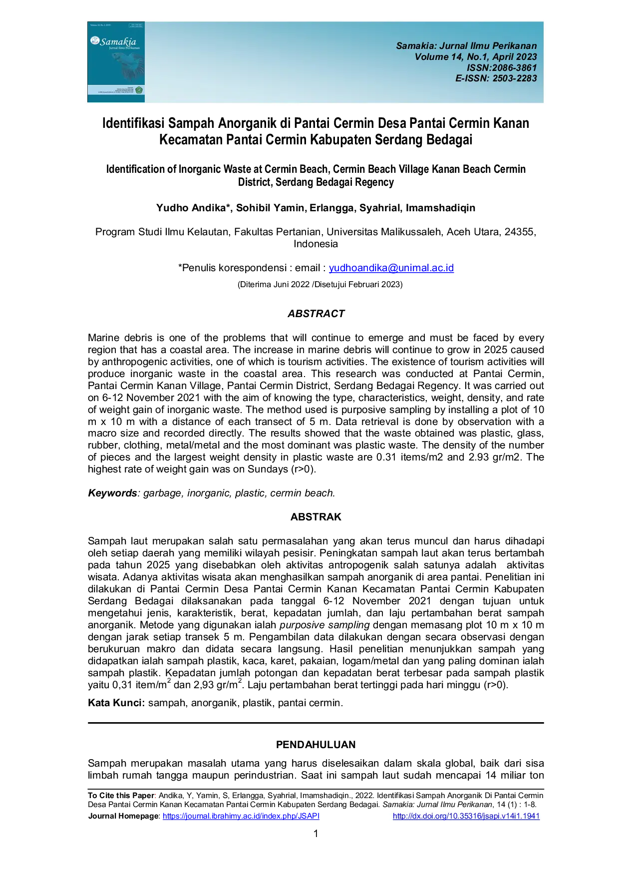 JURIS Identifikasi Sampah Anorganik di Pantai Cermin Desa Pantai Cermin Kanan Kecamatan Pantai Cermin Kabupaten Serdang Bedagai