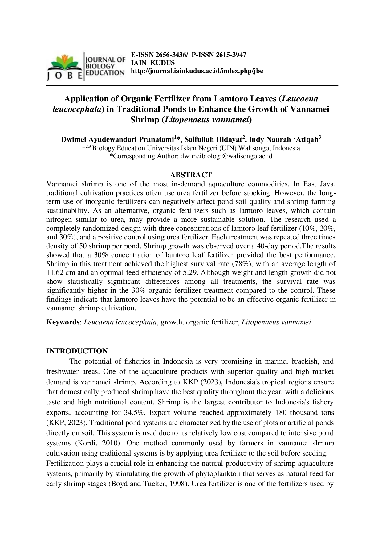 JURIS Application of Organic Fertilizer from Lamtoro Leaves Leucaena leucocephala in Traditional Ponds to Enhance the Growth of Vannamei Shrimp Litopenaeus vannamei