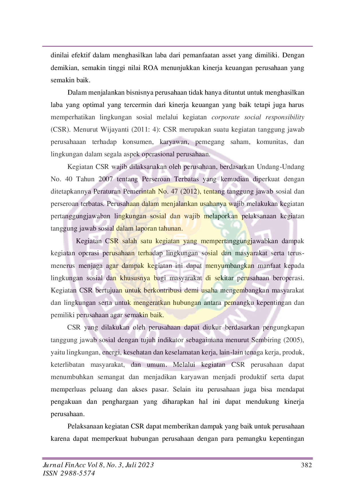 JURIS Pengaruh Corporate Social Responsibility Struktur Modal dan Ukuran Perusahaan terhadap Kinerja Keuangan Perusahaan Sektor Industri Barang Konsumsi di Bursa Efek Indonesia