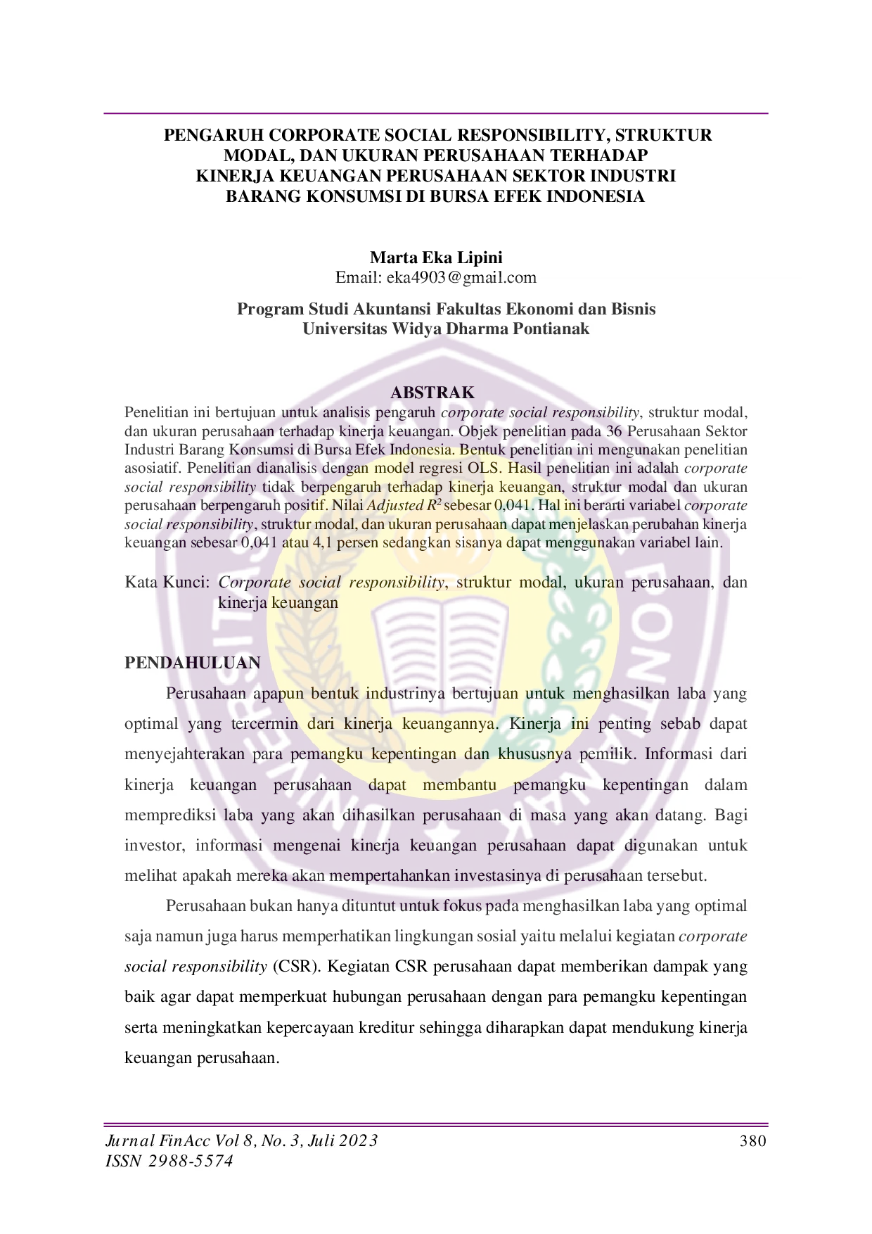 JURIS Pengaruh Corporate Social Responsibility Struktur Modal dan Ukuran Perusahaan terhadap Kinerja Keuangan Perusahaan Sektor Industri Barang Konsumsi di Bursa Efek Indonesia