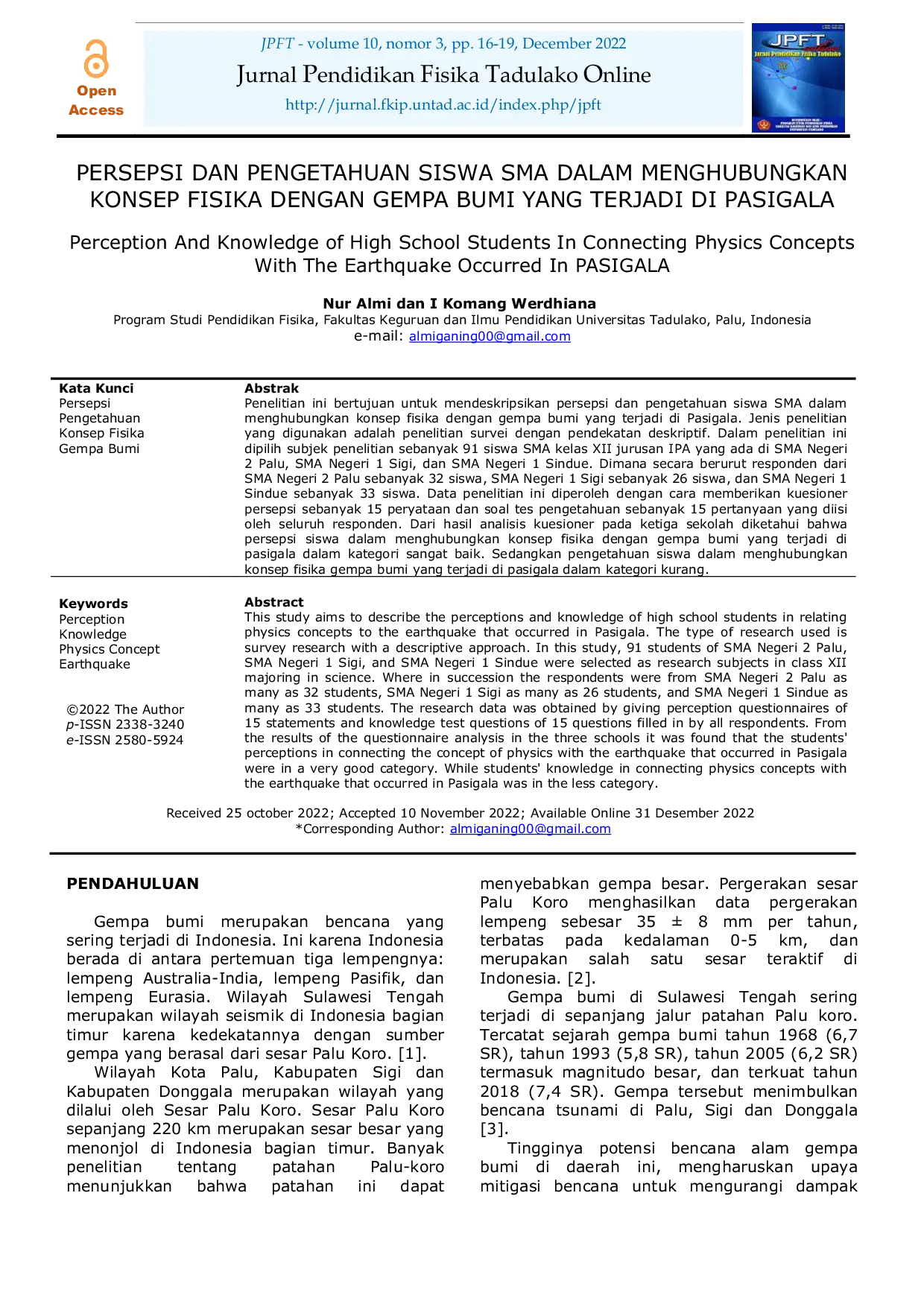 JURIS Persepsi dan Pengetahuan Siswa SMA dalam Menghubungkan Konsep Fisika dengan Gempa Bumi yang Terjadi di Pasigala