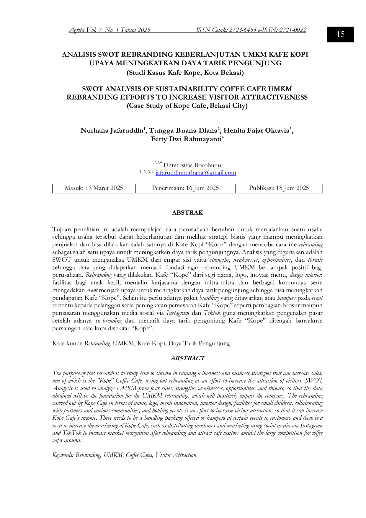 JURIS ANALISIS SWOT REBRANDING KEBERLANJUTAN UMKM KAFE KOPI UPAYA MENINGKATKAN DAYA TARIK PENGUNJUNG Studi Kasus Kafe Kope Kota Bekasi