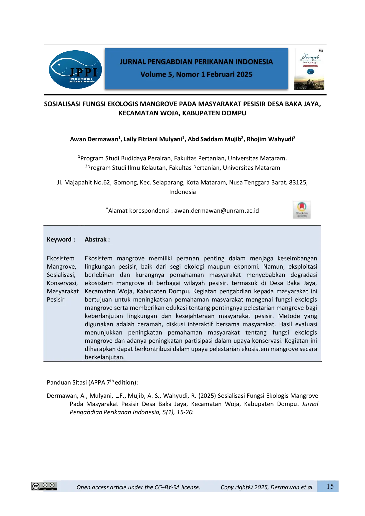 JURIS Sosialisasi Fungsi Ekologis Mangrove Pada Masyarakat Pesisir Desa Baka Jaya Kecamatan Woja Kabupaten Dompu