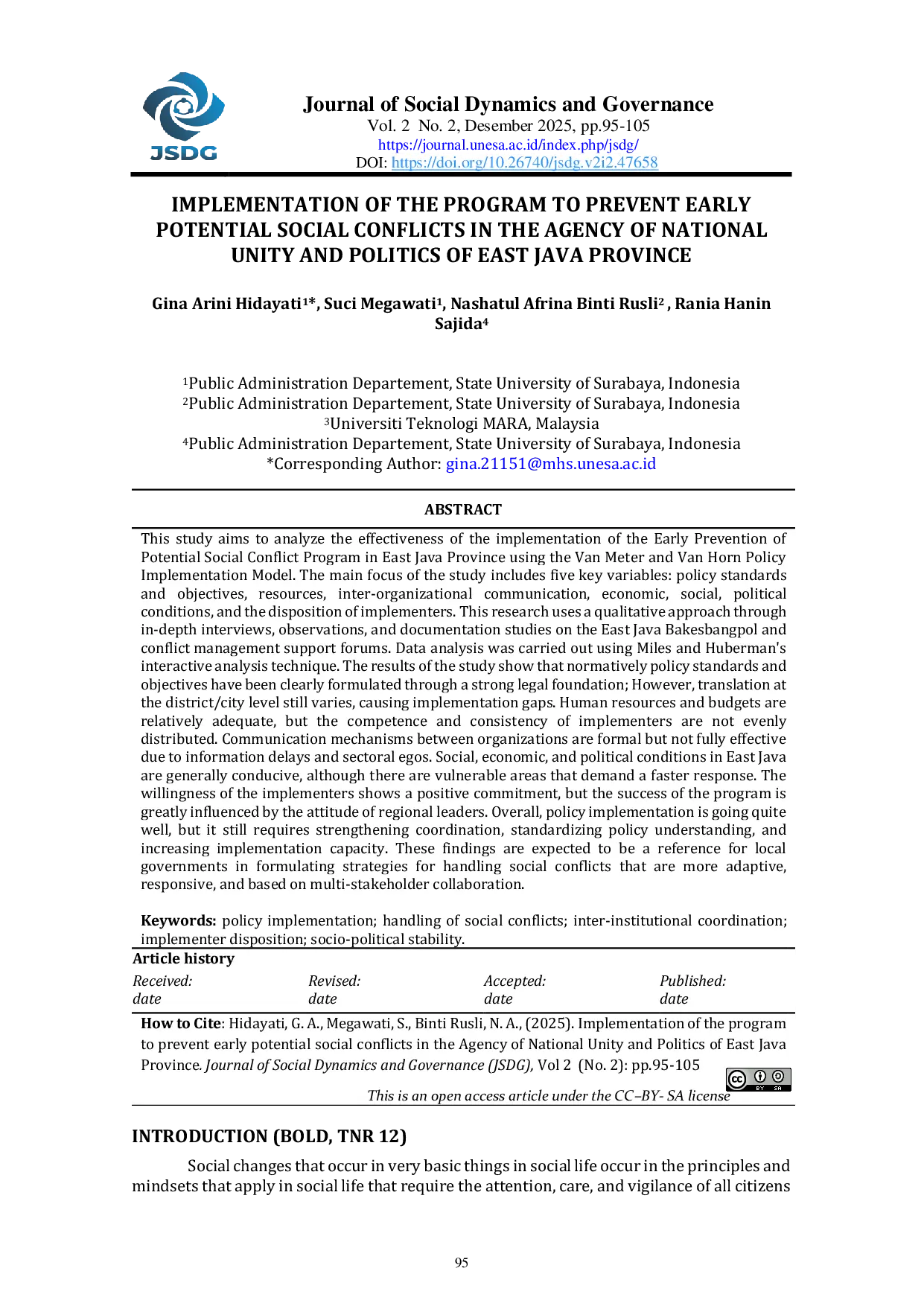 JURIS Implementation of The Program to Prevent Early Potential Social Conflicts in The Agency of National Unity and Politics of East Java Province
