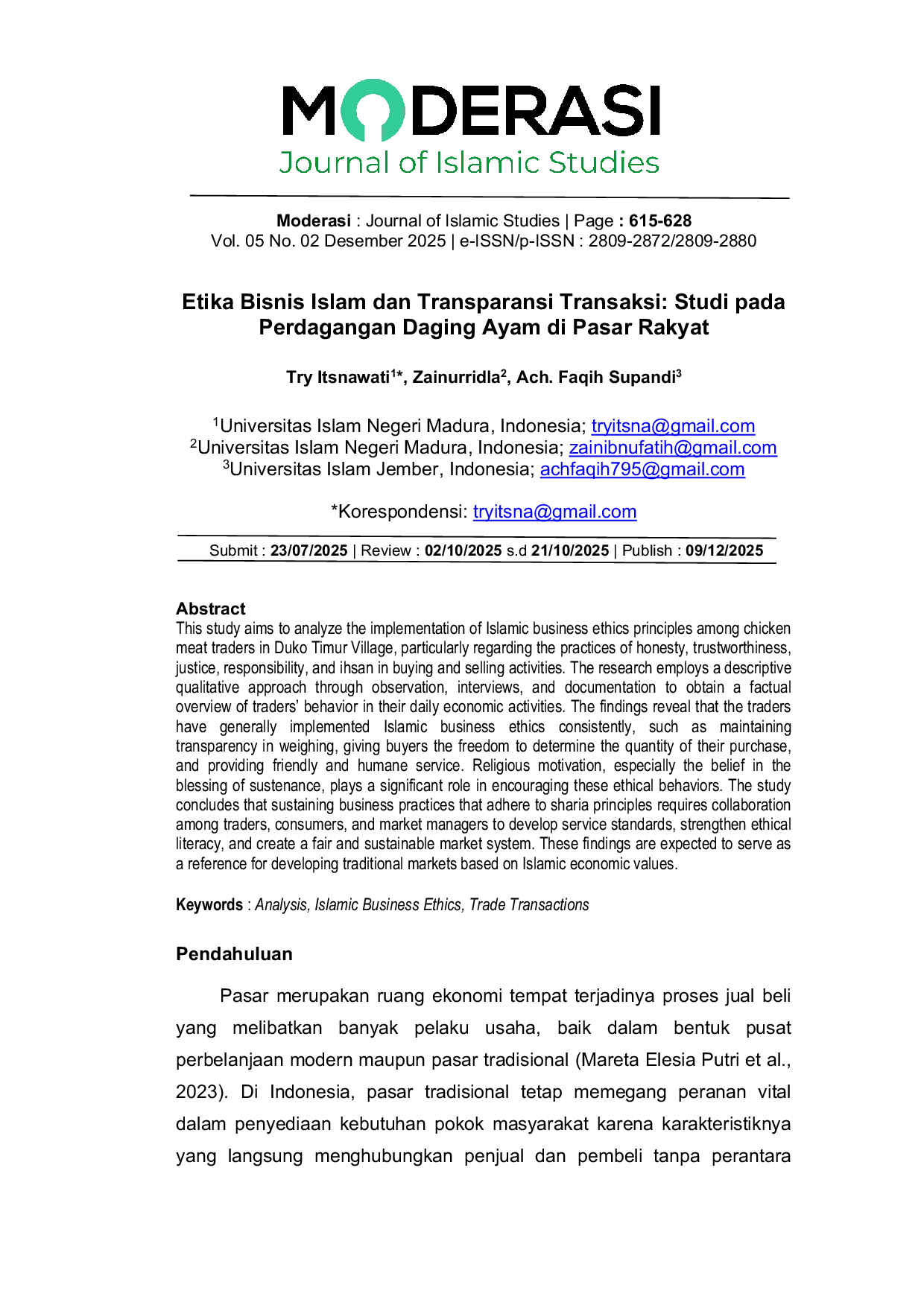 JURIS Etika Bisnis Islam dan Transparansi Transaksi Studi pada Perdagangan Daging Ayam di Pasar Rakyat
