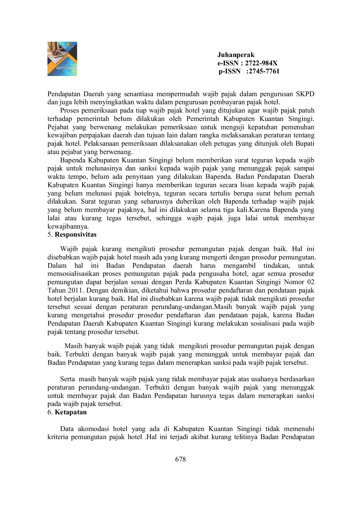JURIS Evaluasi Penerimaan Pajak Hotel pada Badan Pendapatan Daerah Kabupaten Kuantan Singingi