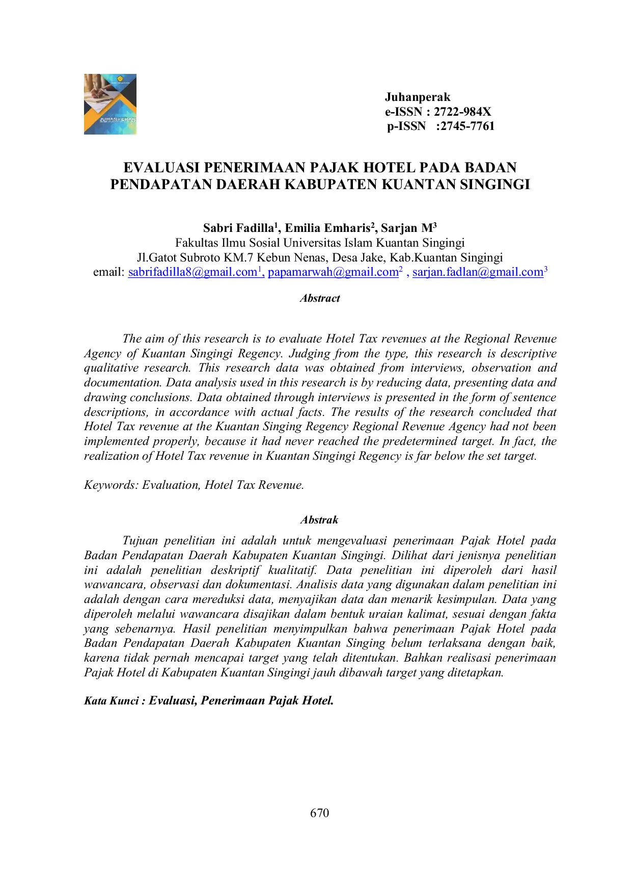 JURIS Evaluasi Penerimaan Pajak Hotel pada Badan Pendapatan Daerah Kabupaten Kuantan Singingi