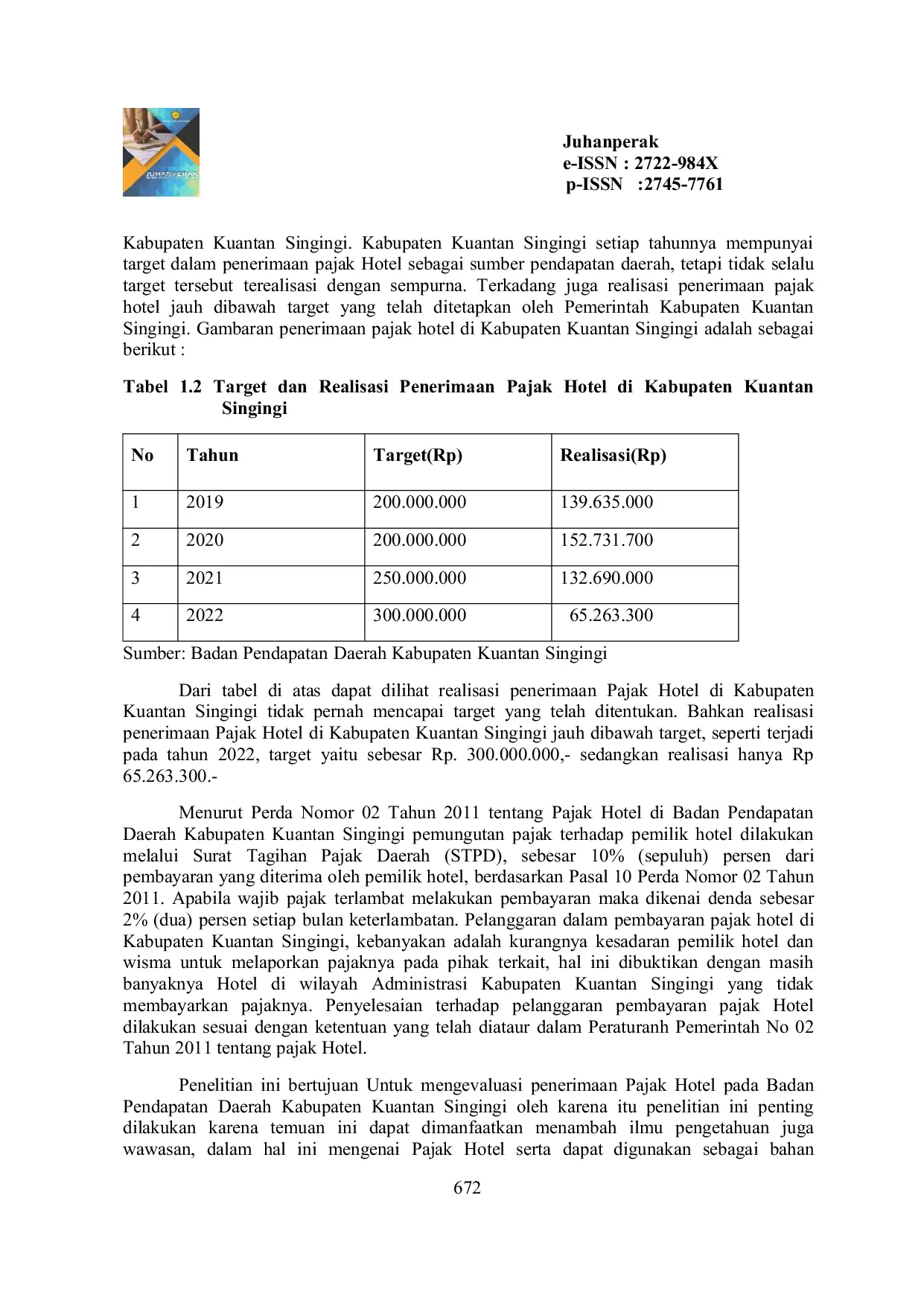 JURIS Evaluasi Penerimaan Pajak Hotel pada Badan Pendapatan Daerah Kabupaten Kuantan Singingi