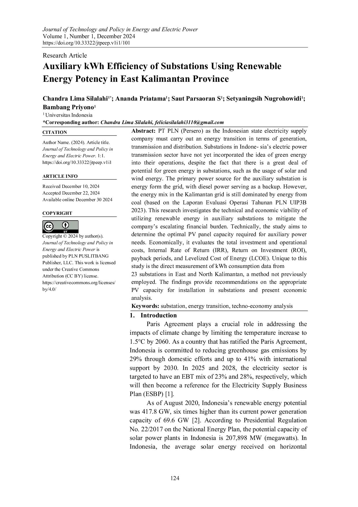 JURIS Auxiliary kWh Efficiency of Substations Using Renewable Energy Potency in East Kalimantan Province