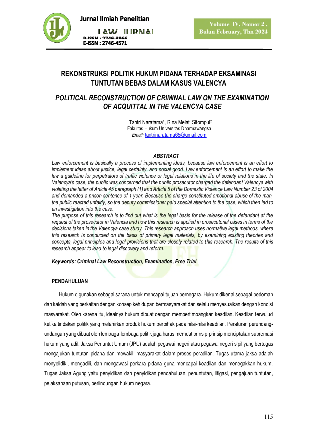 JURIS Rekonstruksi Politik Hukum Pidana Terhadap Eksaminasi Tuntutan Bebas Dalam Kasus Valencya