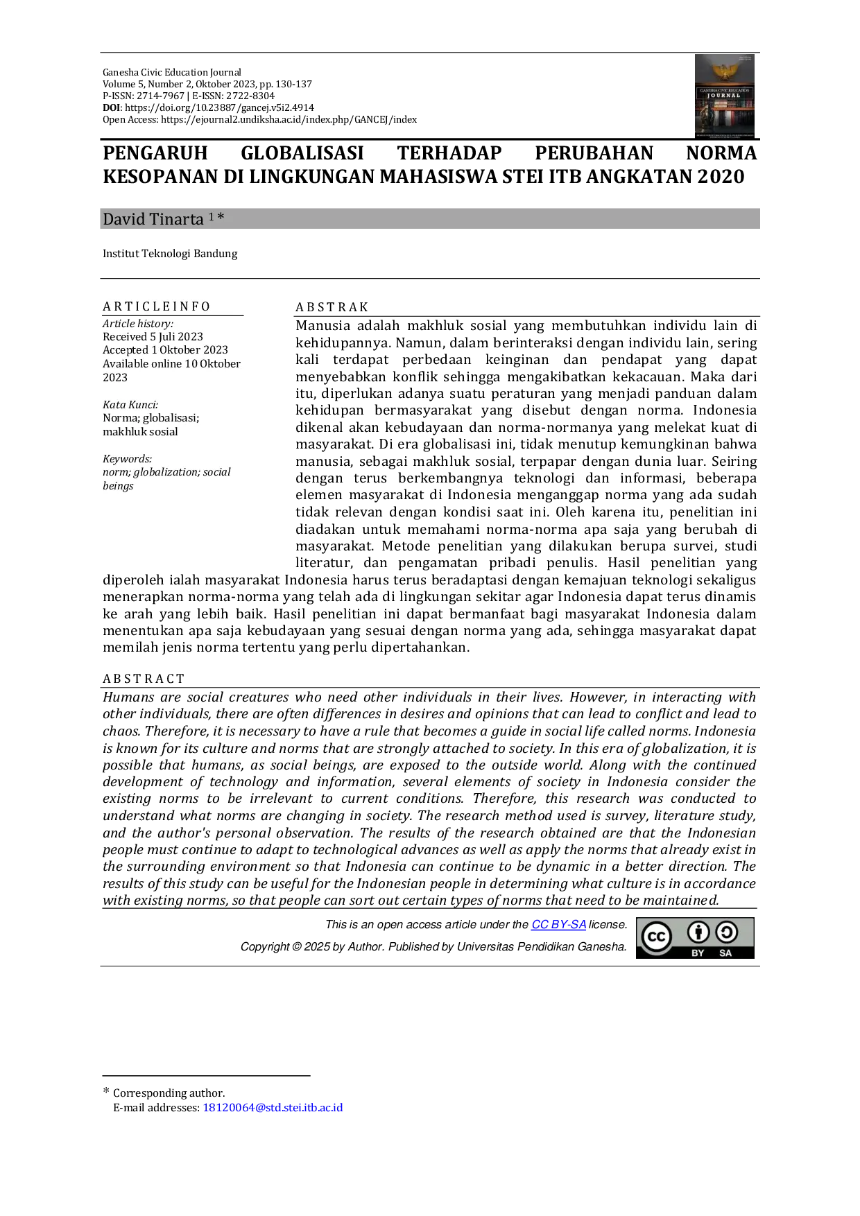 JURIS Pengaruh Globalisasi Terhadap Perubahan Norma Kesopanan Di Lingkungan Mahasiswa Stei Itb Angkatan 2020