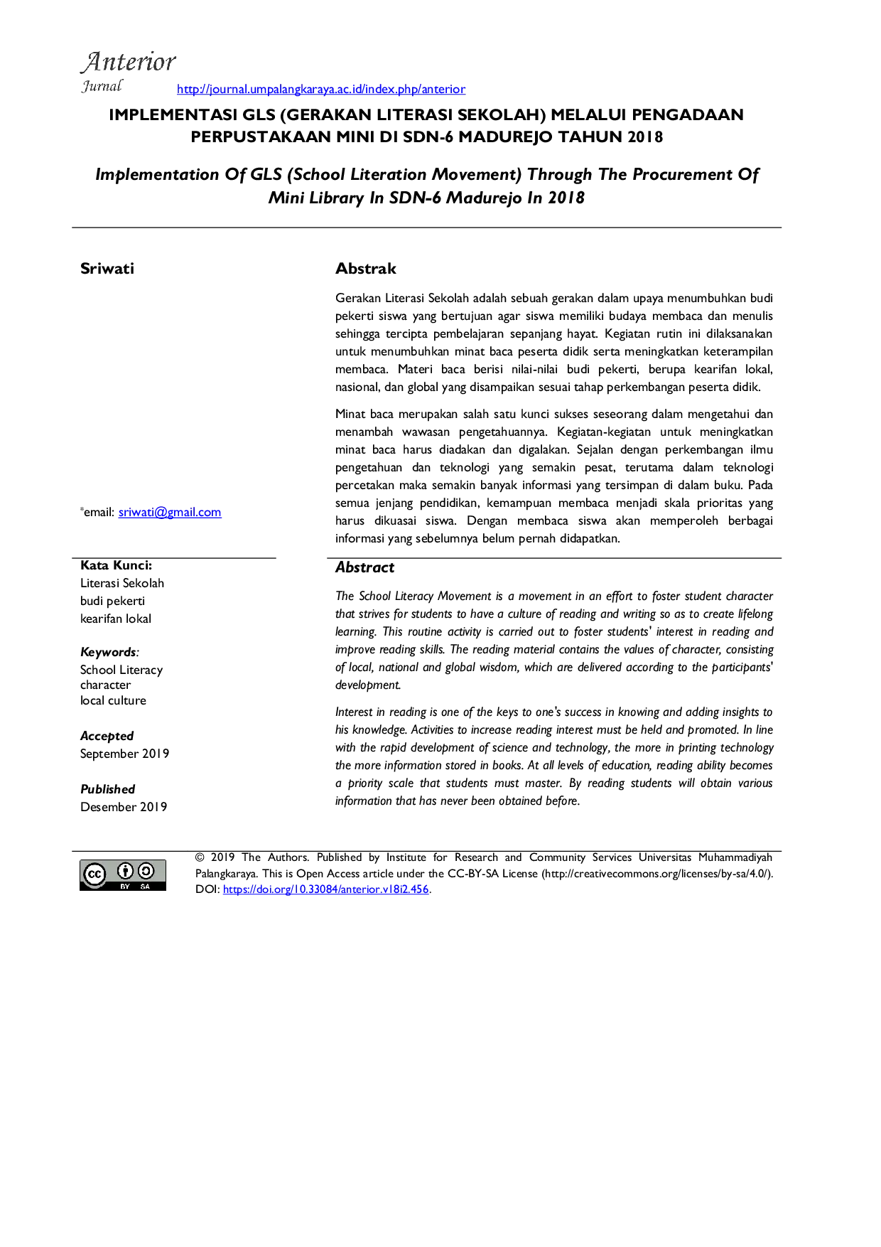 JURIS Implementasi GLS Gerakan Literasi Sekolah Melalui Pengadaan Perpustakaan Mini di SDN 6 Madurejo Tahun 2018