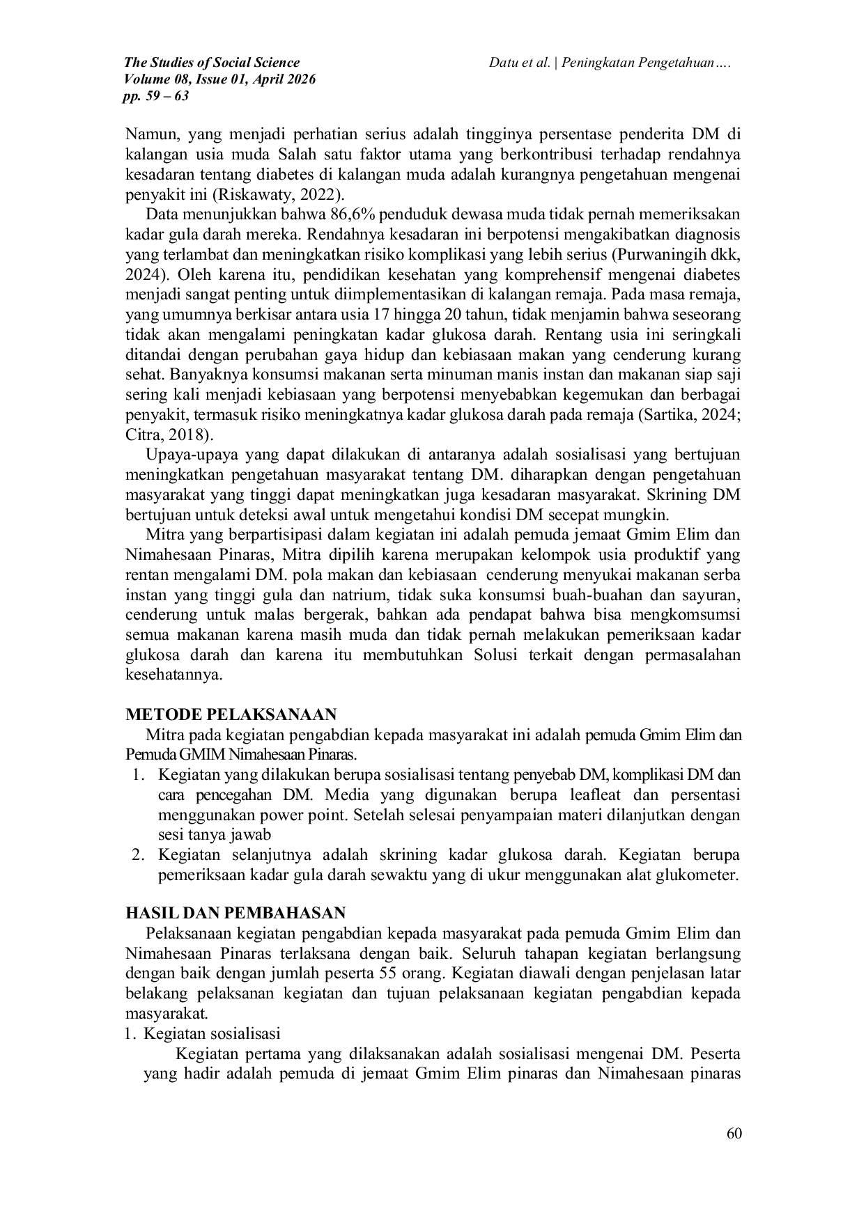 JURIS Peningkatan Pengetahuan dan Skrining Diabetes Melitus Pada Pemuda GMIMI Elim dan Nimahesaan Pinaras Sebagai Upaya Pencegahan Diabetes Melitus