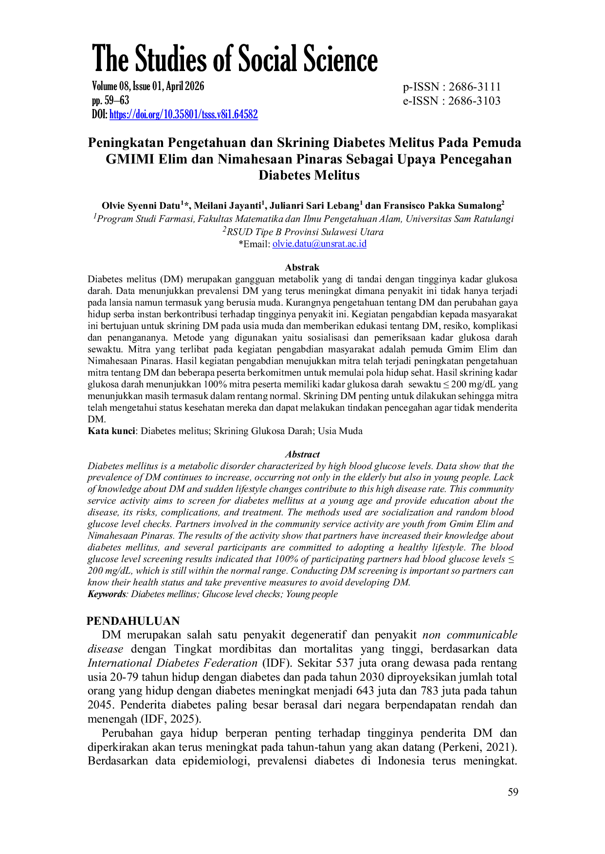 JURIS Peningkatan Pengetahuan dan Skrining Diabetes Melitus Pada Pemuda GMIMI Elim dan Nimahesaan Pinaras Sebagai Upaya Pencegahan Diabetes Melitus